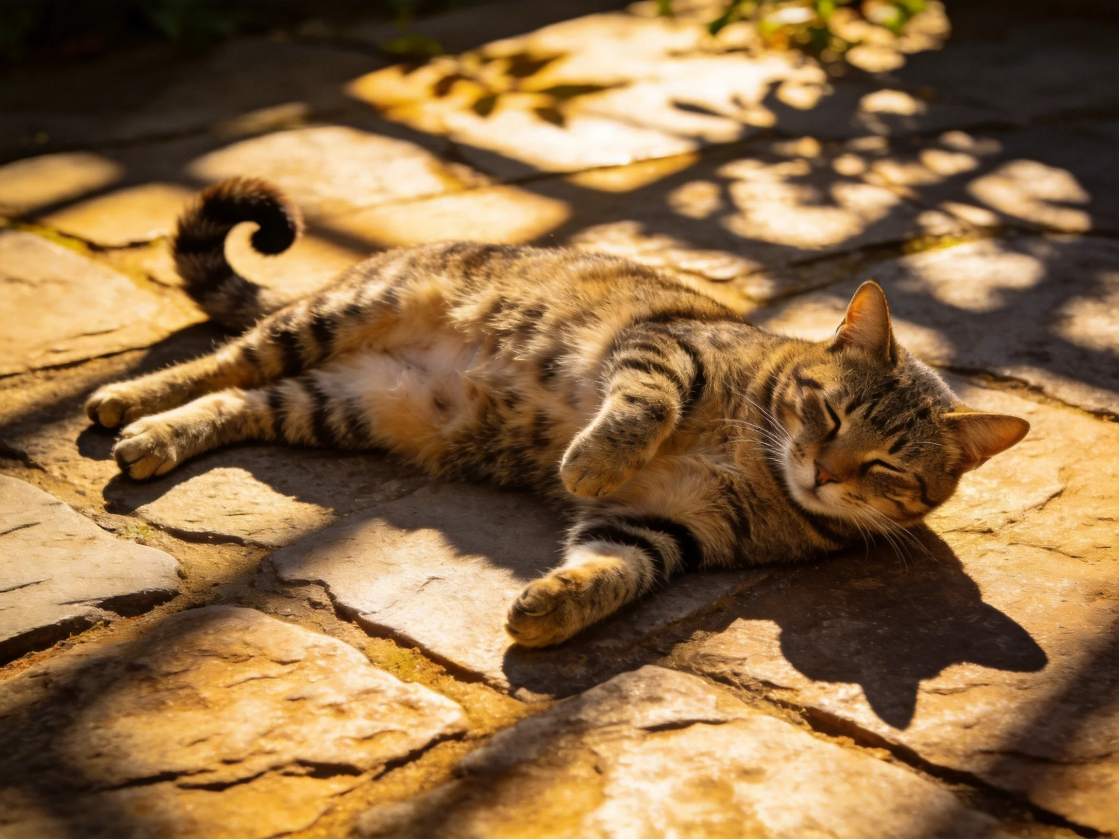 A tabby cat relaxes on sunlit stone tiles in an outdoor area.