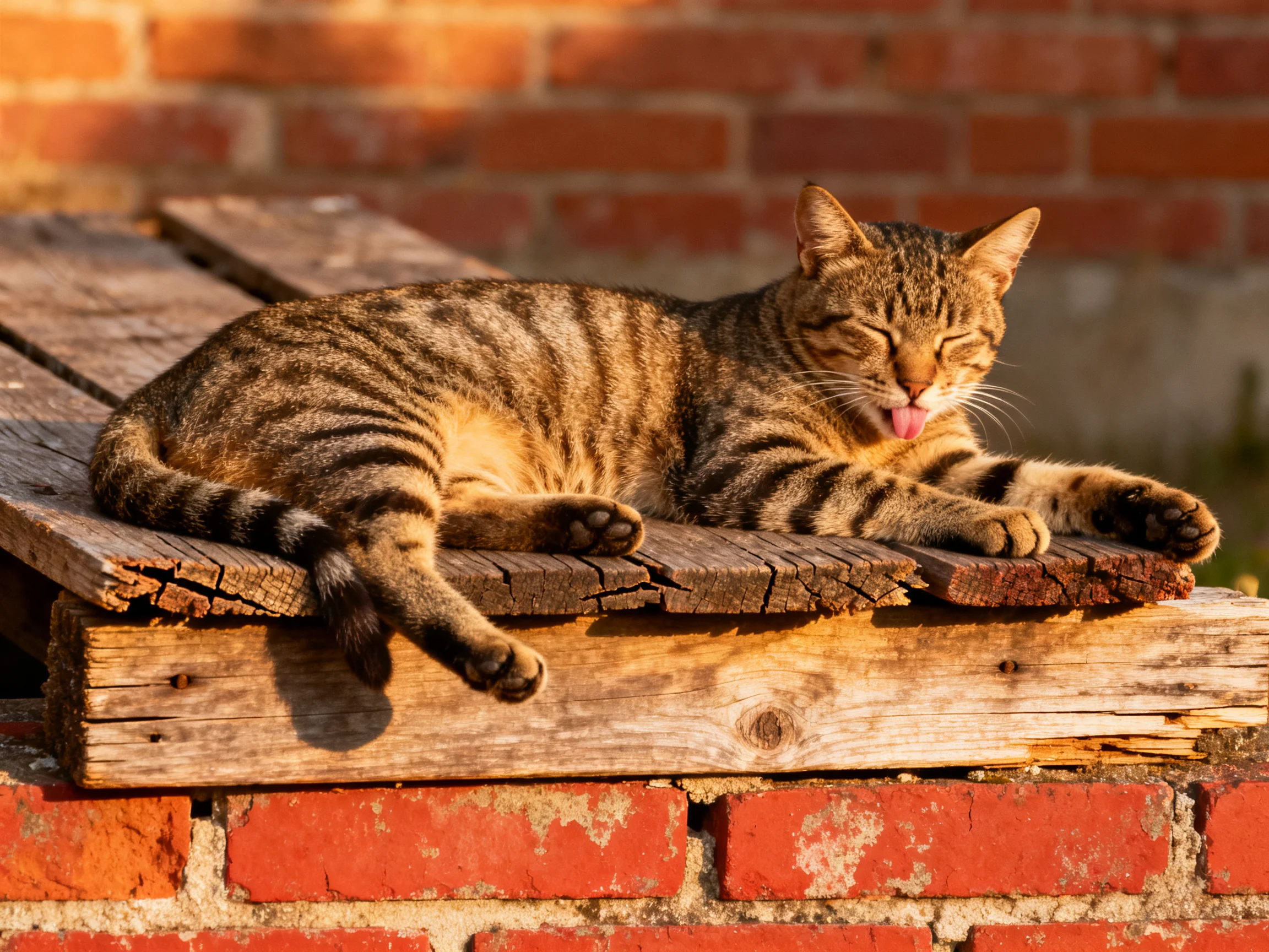 A tabby cat relaxes on wooden planks near a red brick wall in sunlight.