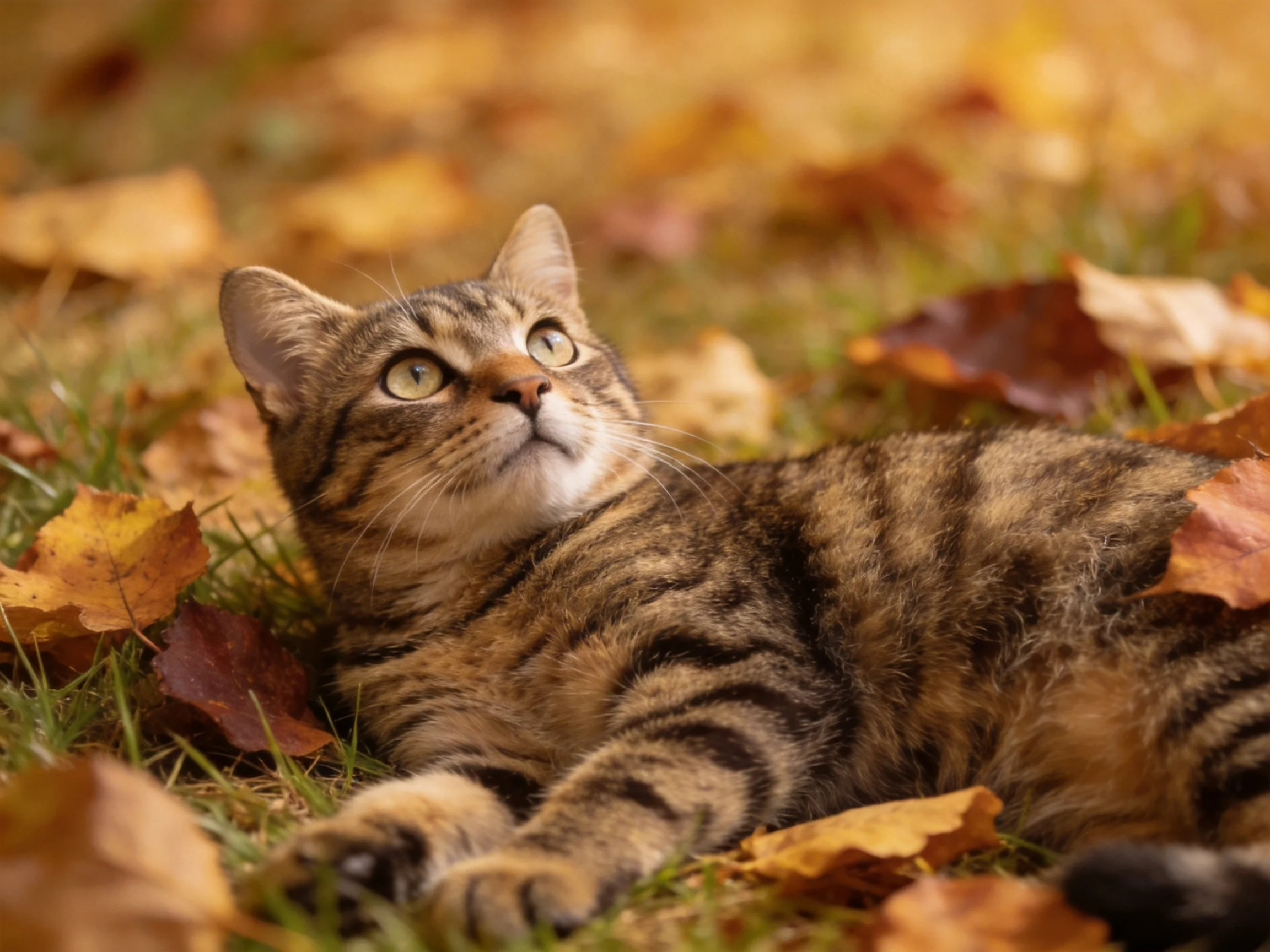 A tabby cat lounging among autumn leaves on grass