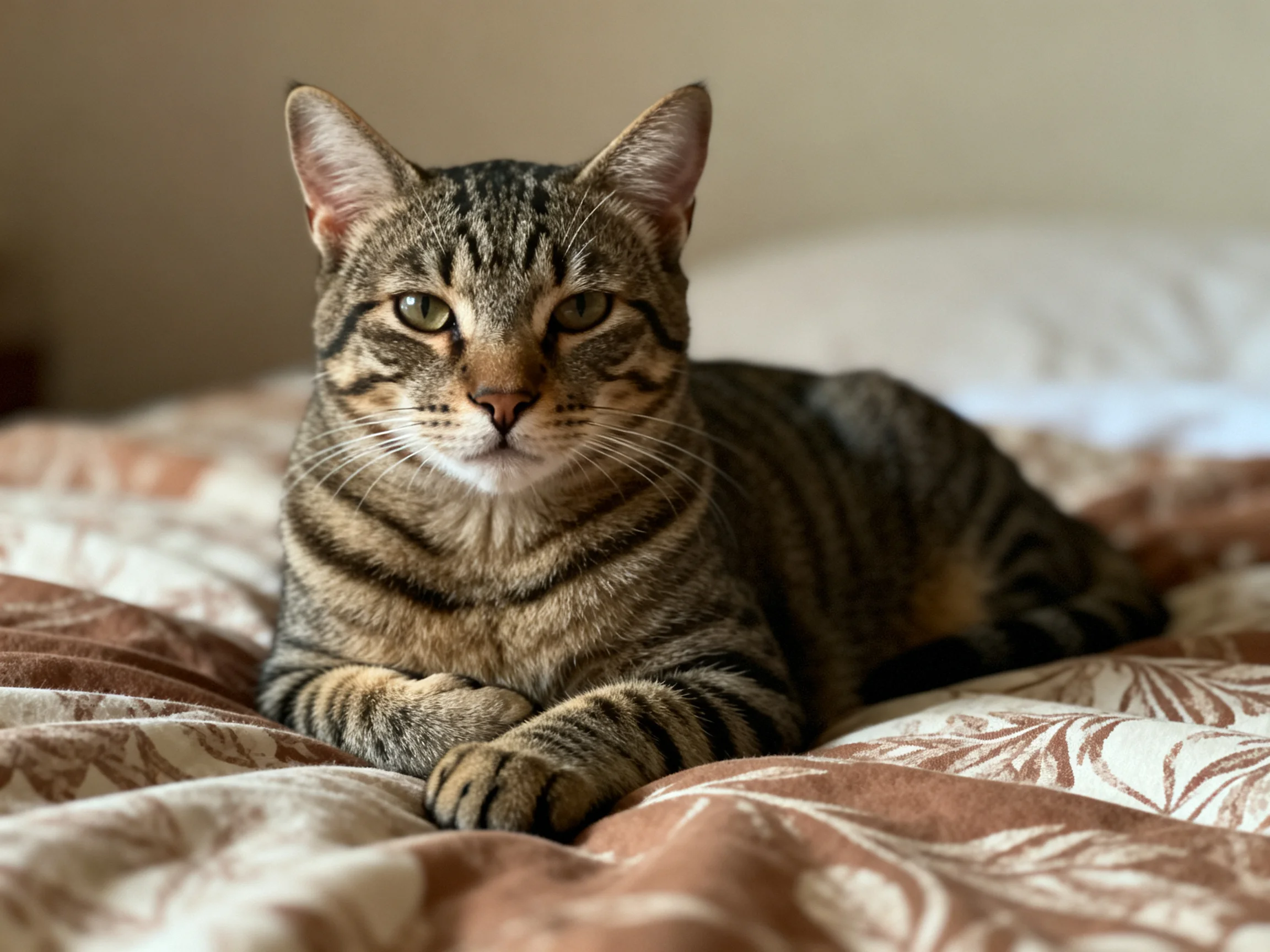 A tabby cat lounging on a floral-patterned bedspread in a softly lit room