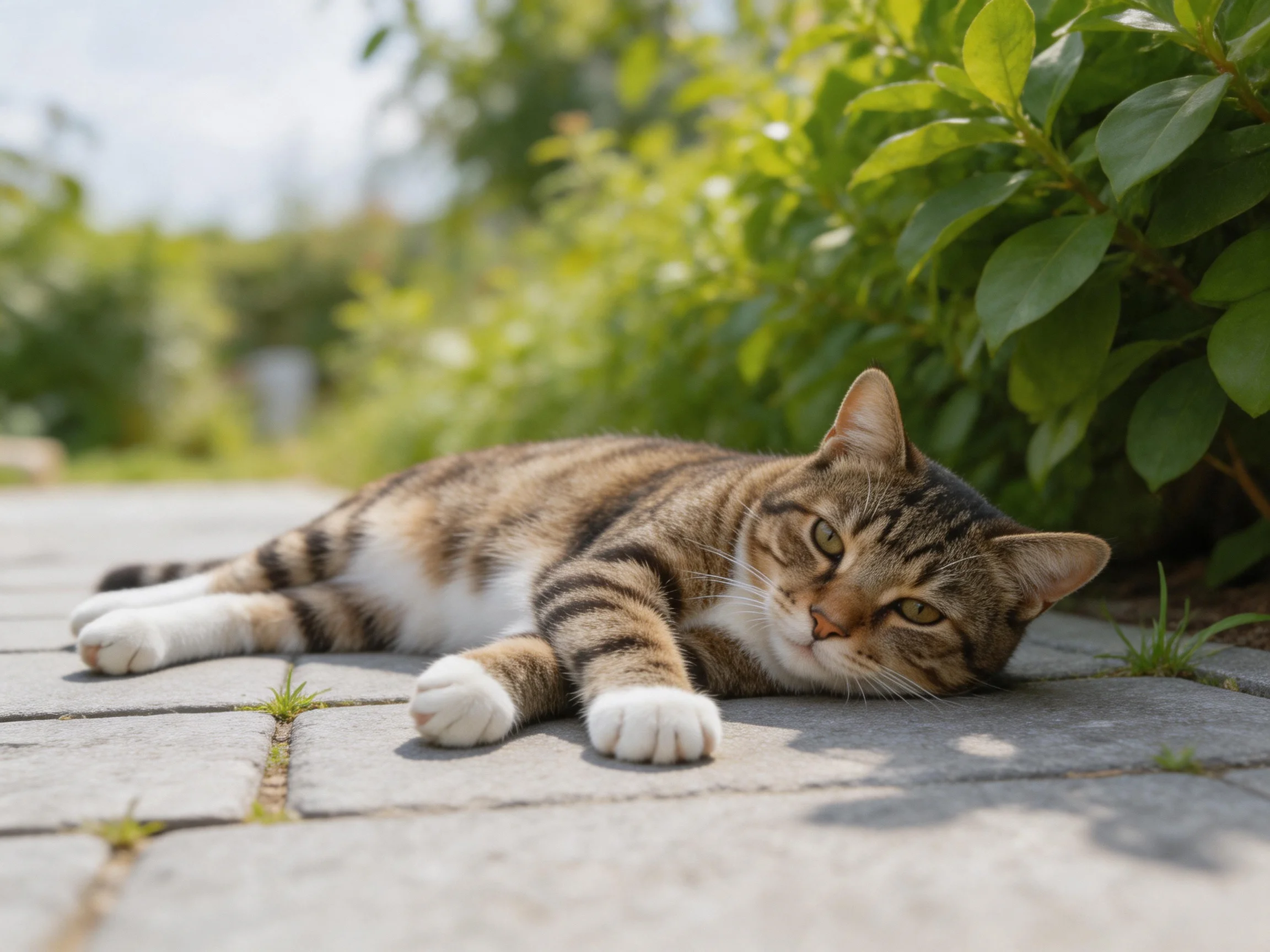 A tabby cat lounging on a stone pathway near dense green shrubs
