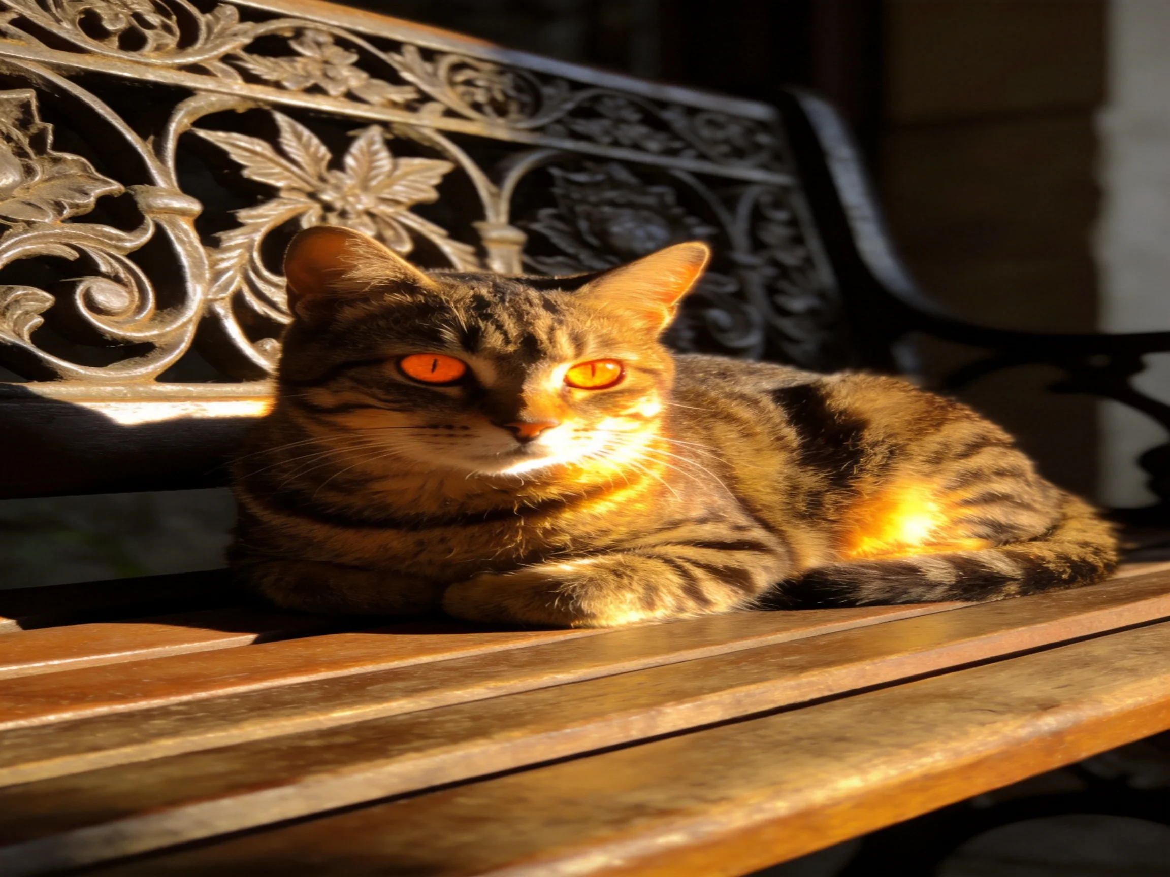 A tabby cat relaxes on a decorative bench lit by sunlight.