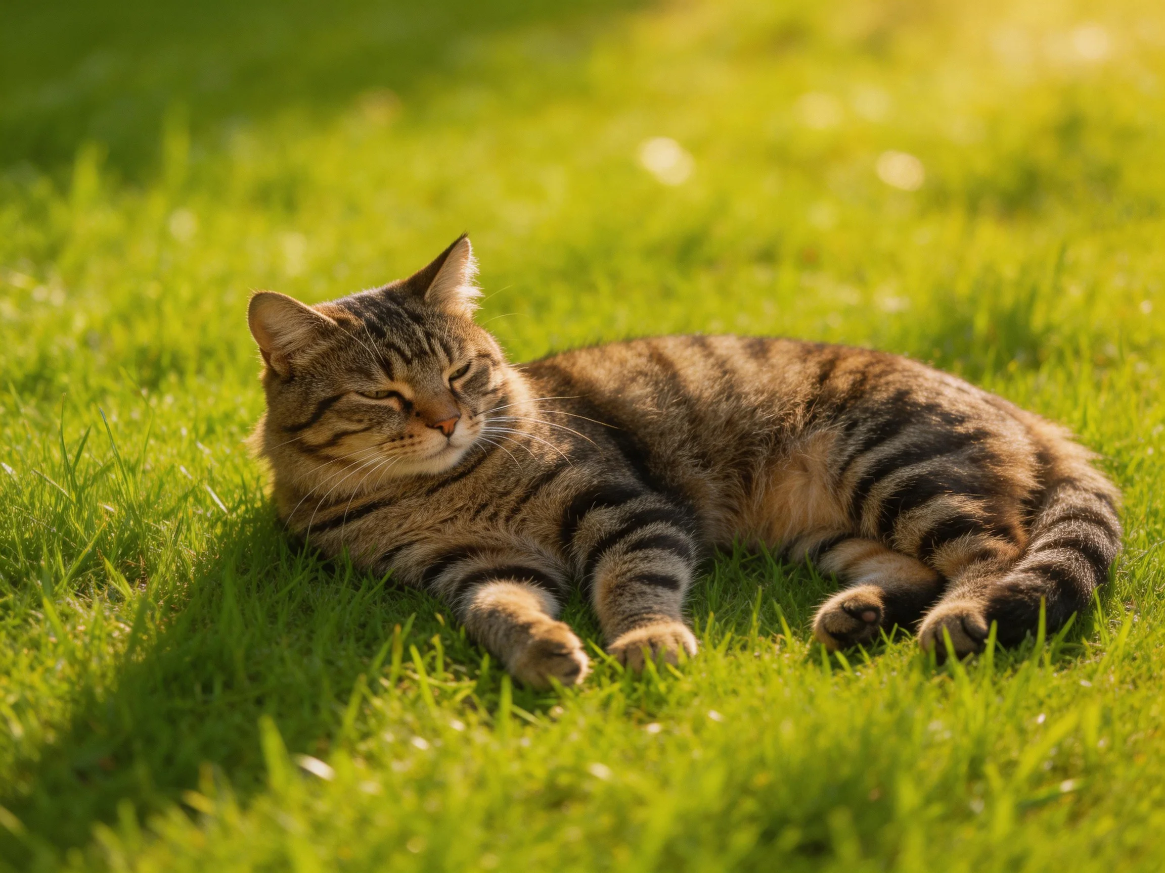A tabby cat relaxes on green grass in a sunlit outdoor setting.