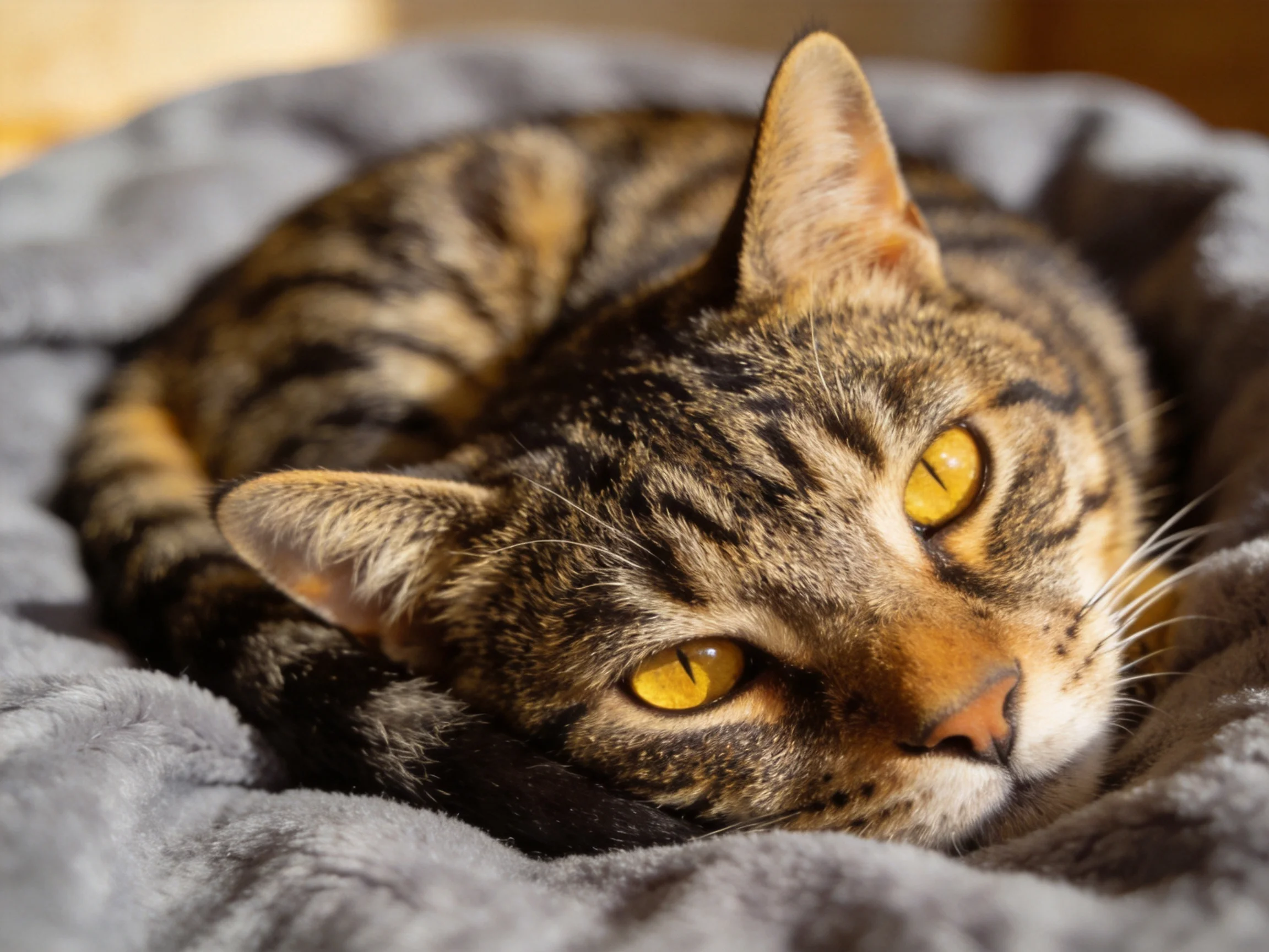 A tabby cat lying on a soft gray blanket with bright eyes