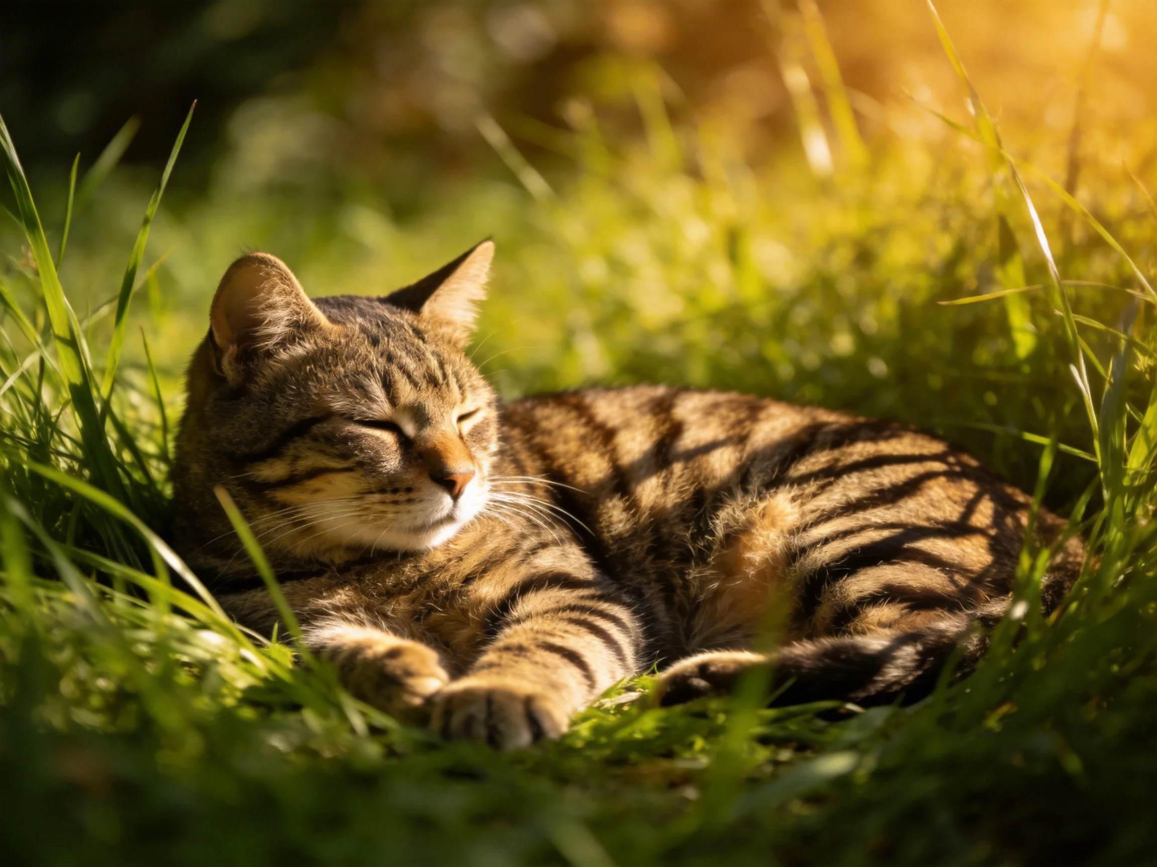 A tabby cat rests peacefully in lush green grass under sunlight.