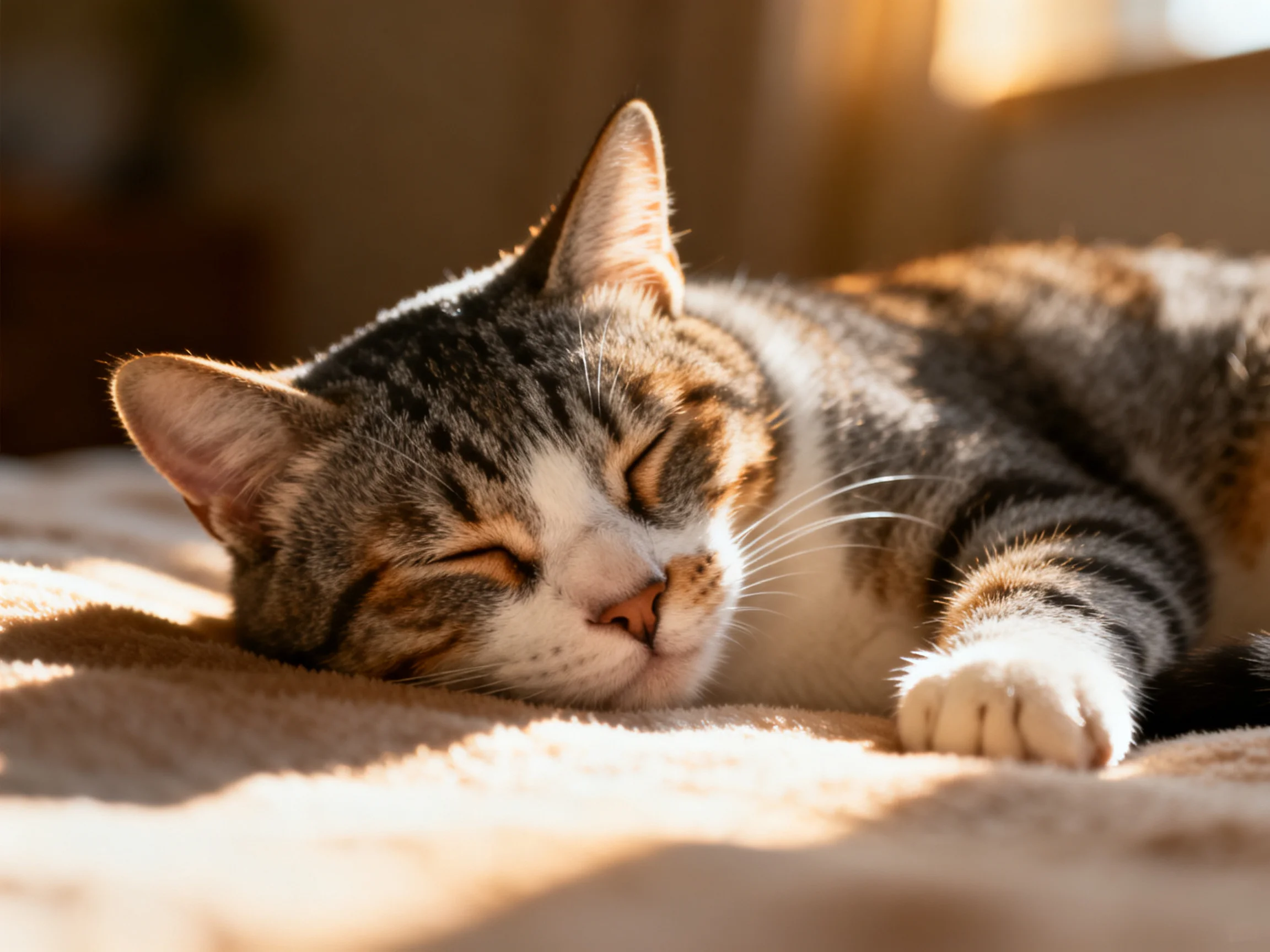 A tabby cat rests peacefully on a soft surface illuminated by sunlight.