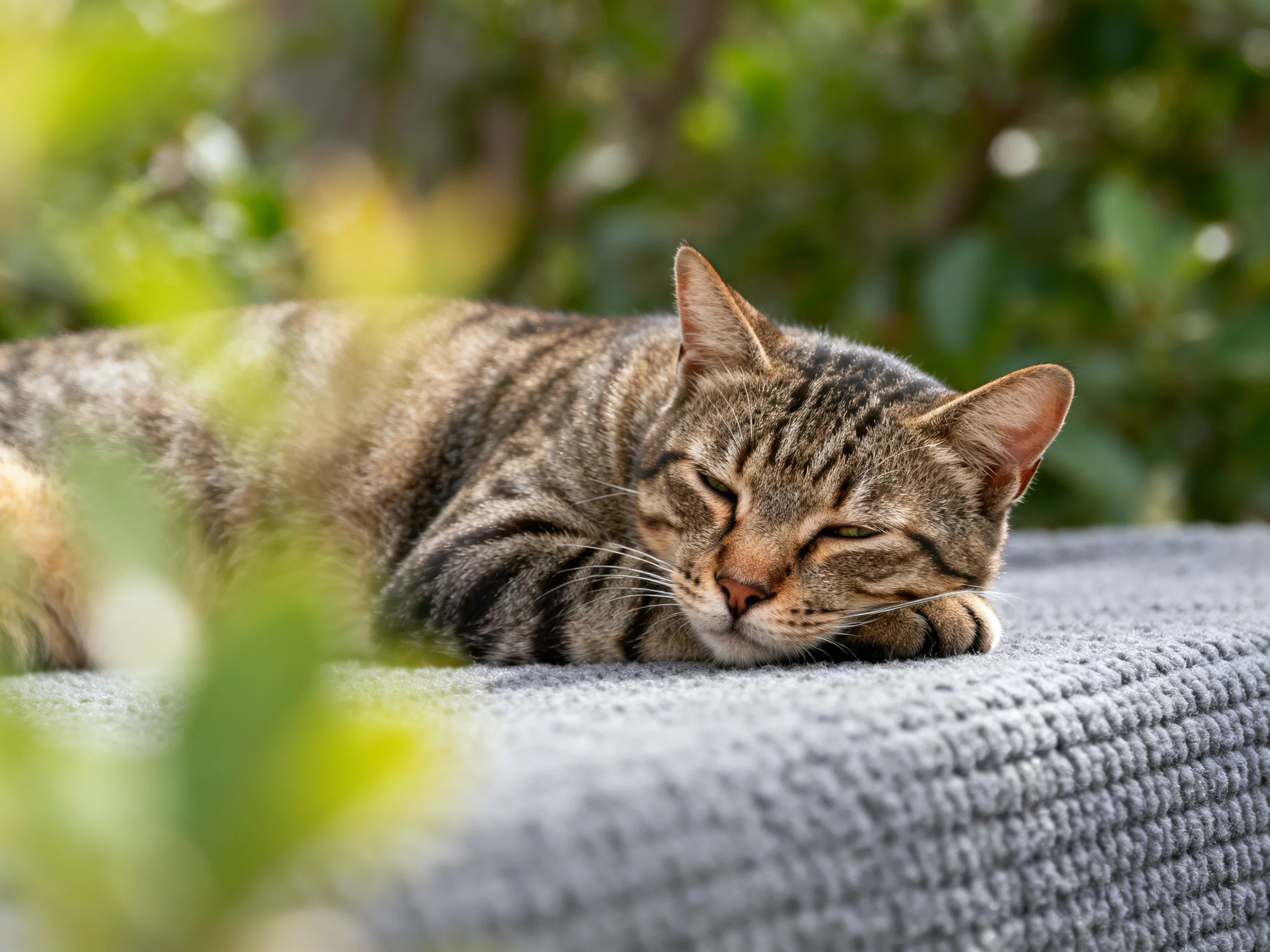 A tabby cat napping on a textured gray cushion amid lush green foliage