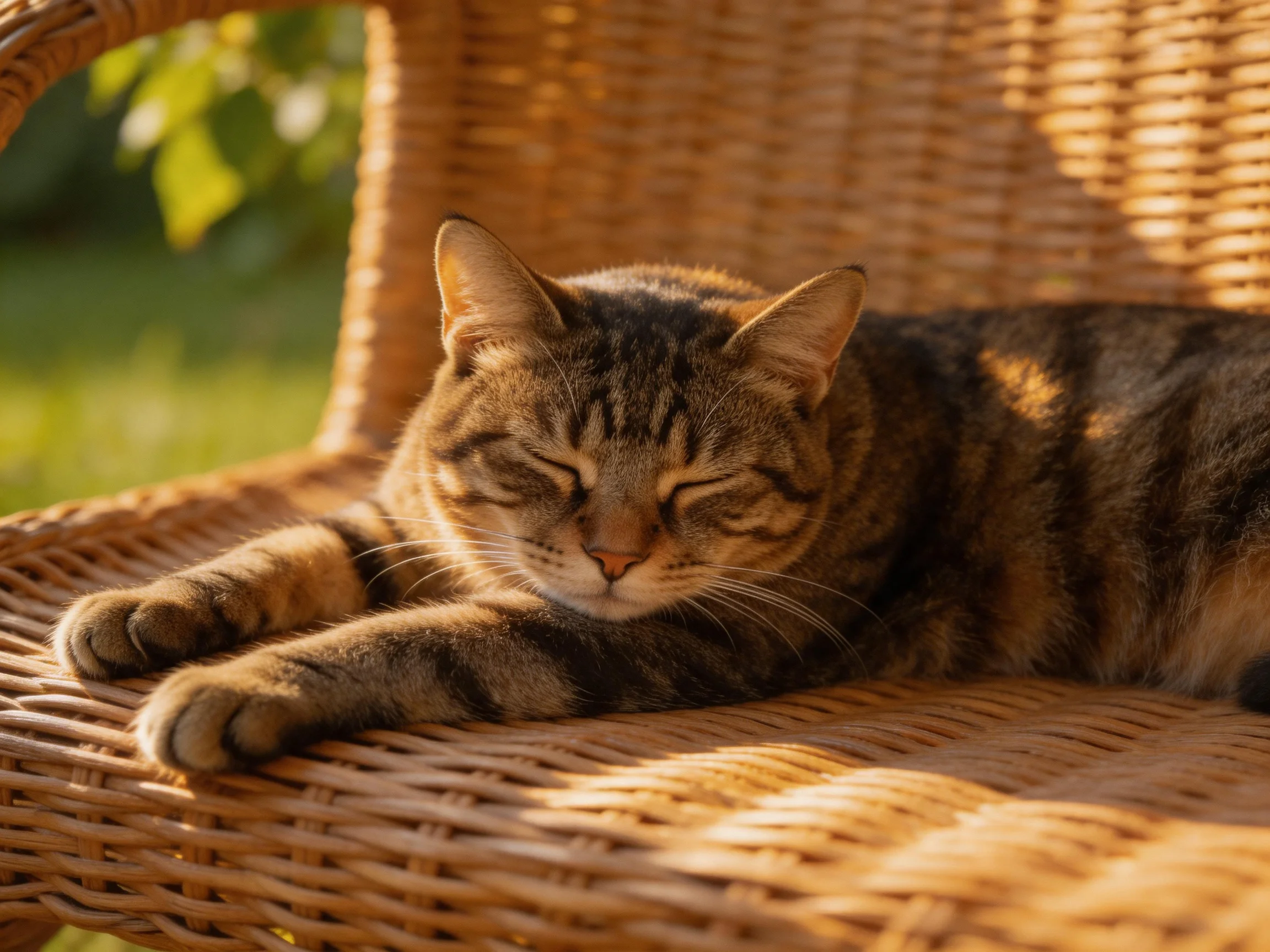 A tabby cat rests peacefully on a wicker chair in bright sunlight.