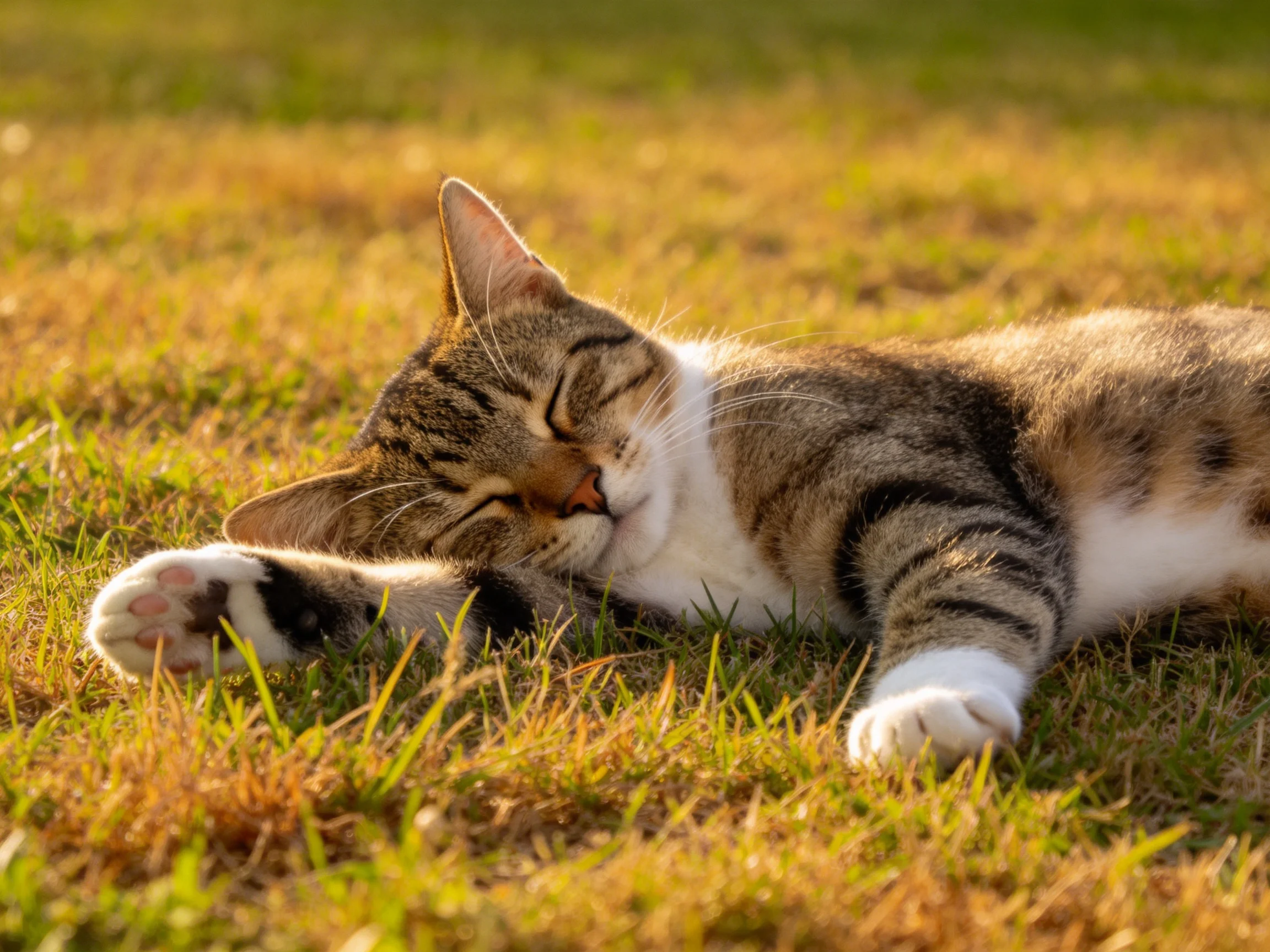 A tabby cat napping on sunlit green and golden grass