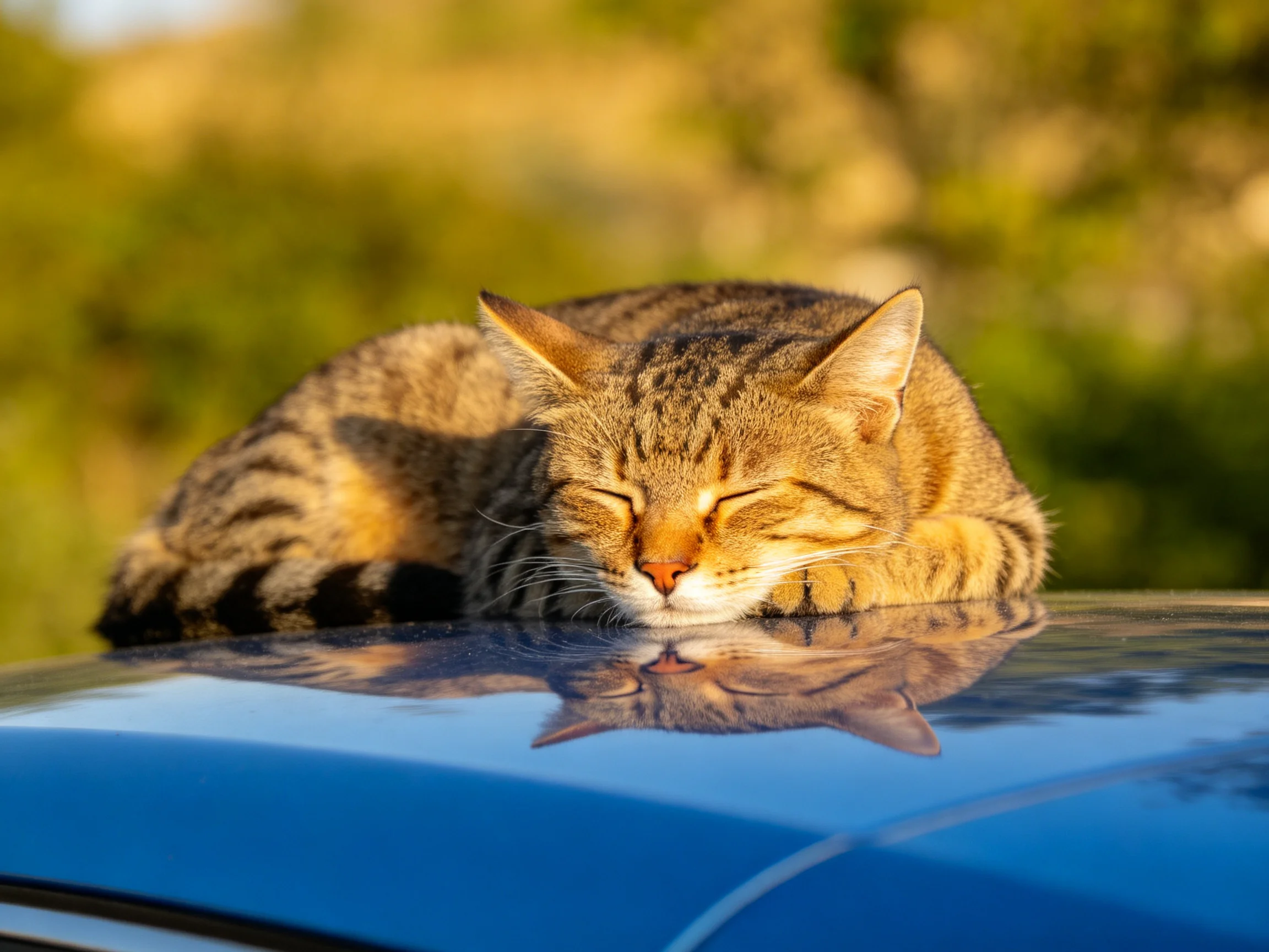A tabby cat naps on a glossy blue car roof amid golden light