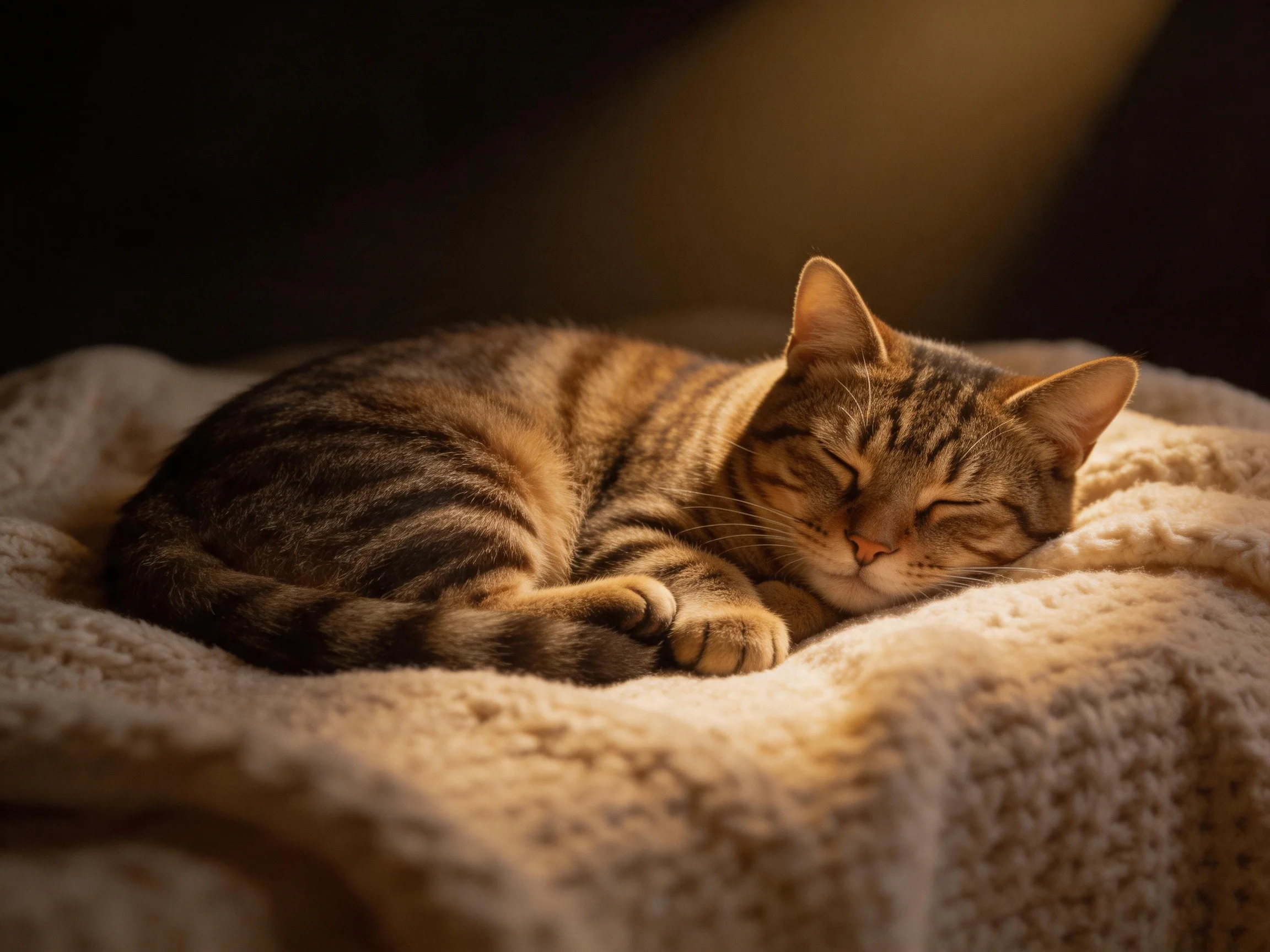 A tabby cat naps on a plush cream blanket with warm lighting