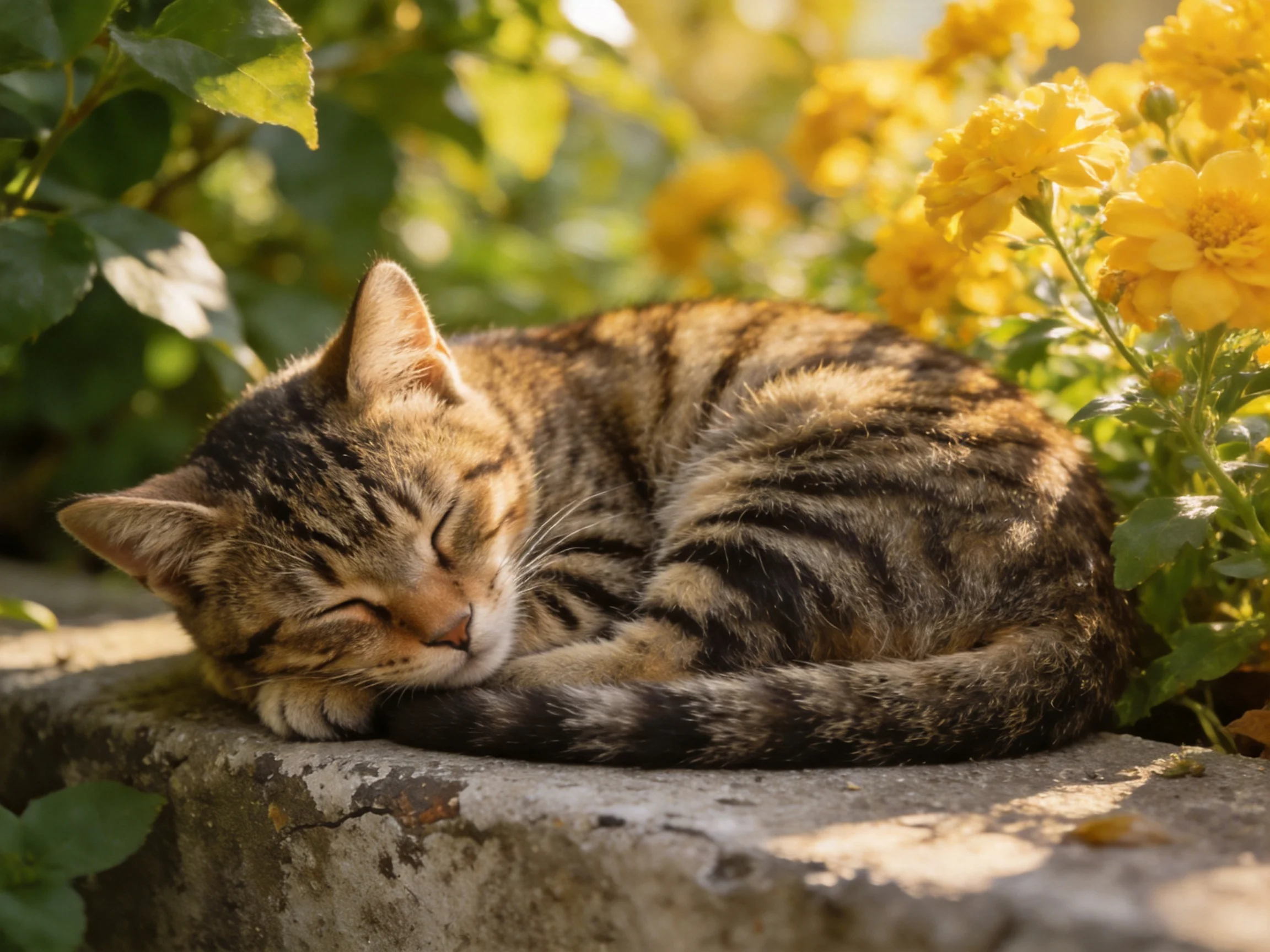 A tabby cat naps on a stone ledge amid vibrant yellow flowers