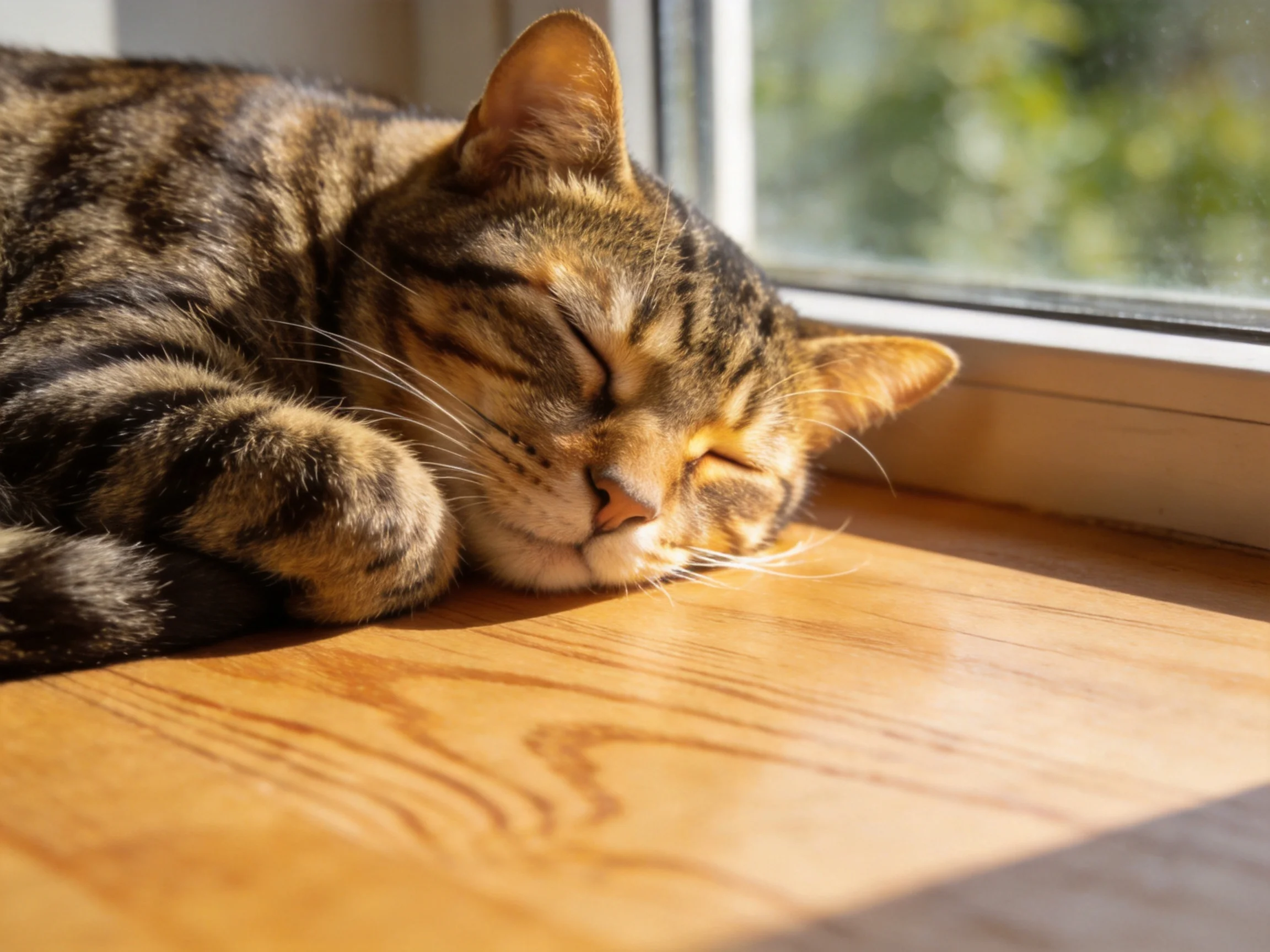 A tabby cat naps on a wooden windowsill by a sunlit window