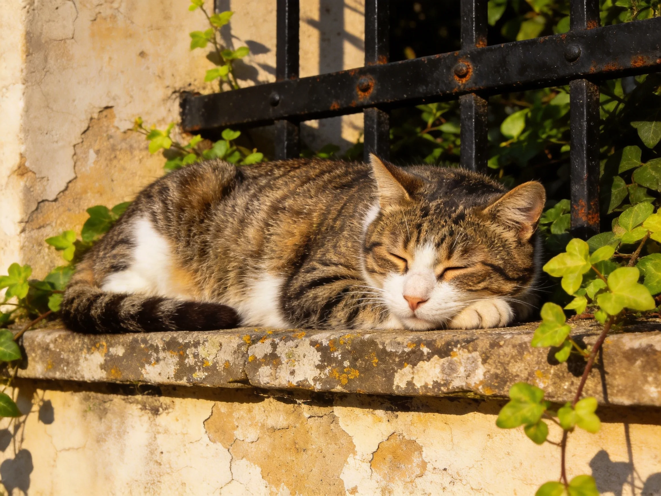 A tabby cat naps on an aged stone ledge near black iron bars