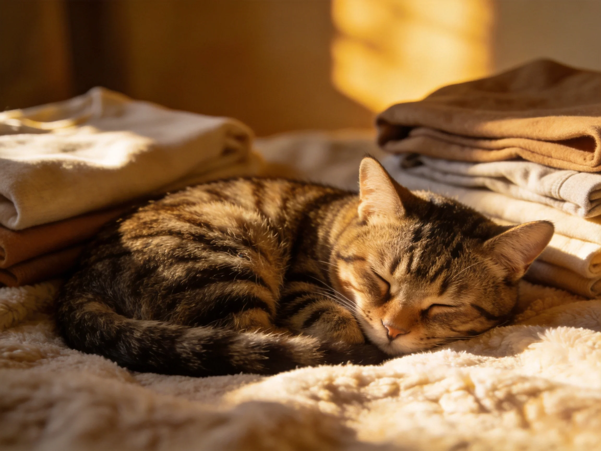 A tabby cat naps on soft blankets near stacked clothing