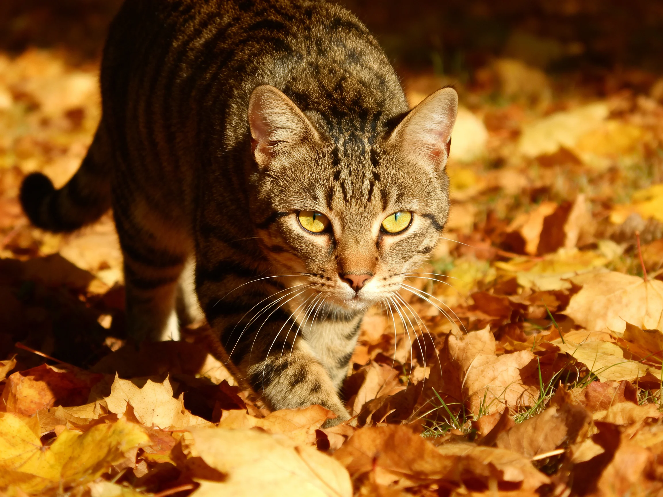 A tabby cat navigates golden-brown fallen leaves under bright sunlight
