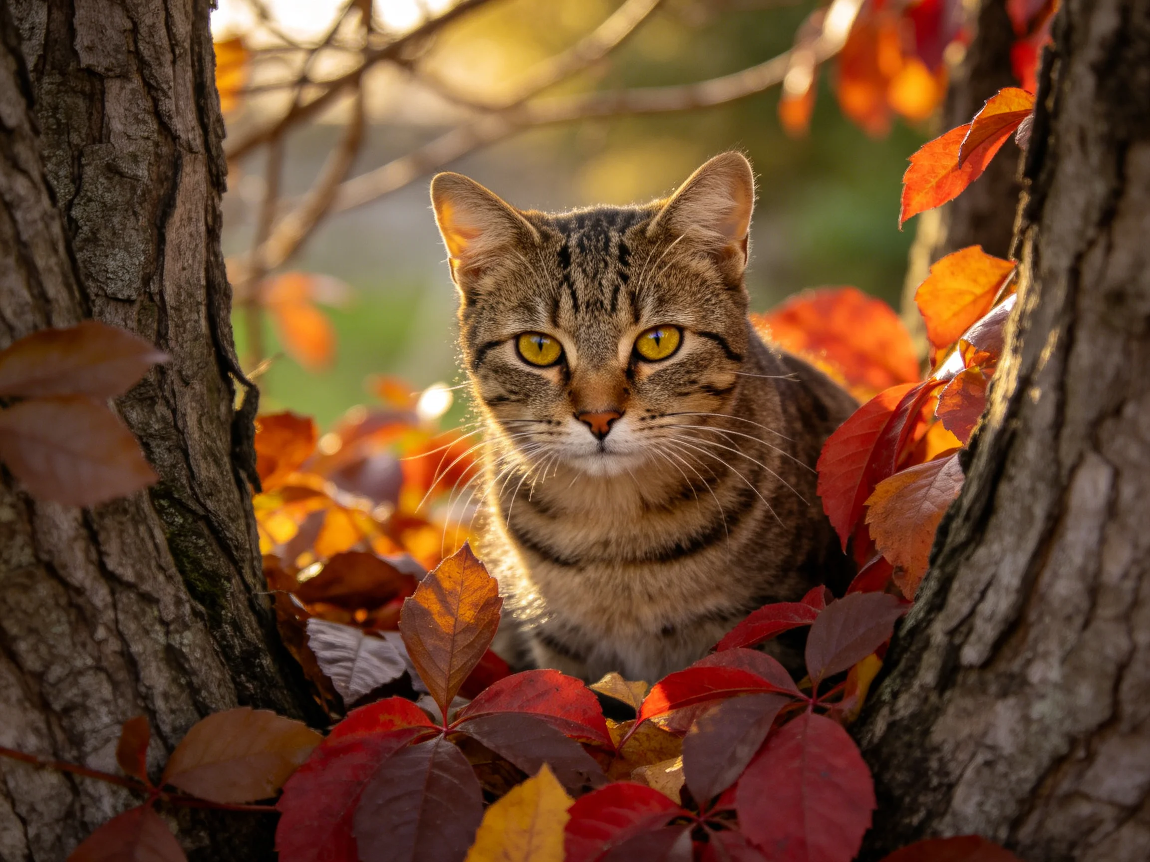 A tabby cat sits amid colorful autumn leaves between two tree trunks.