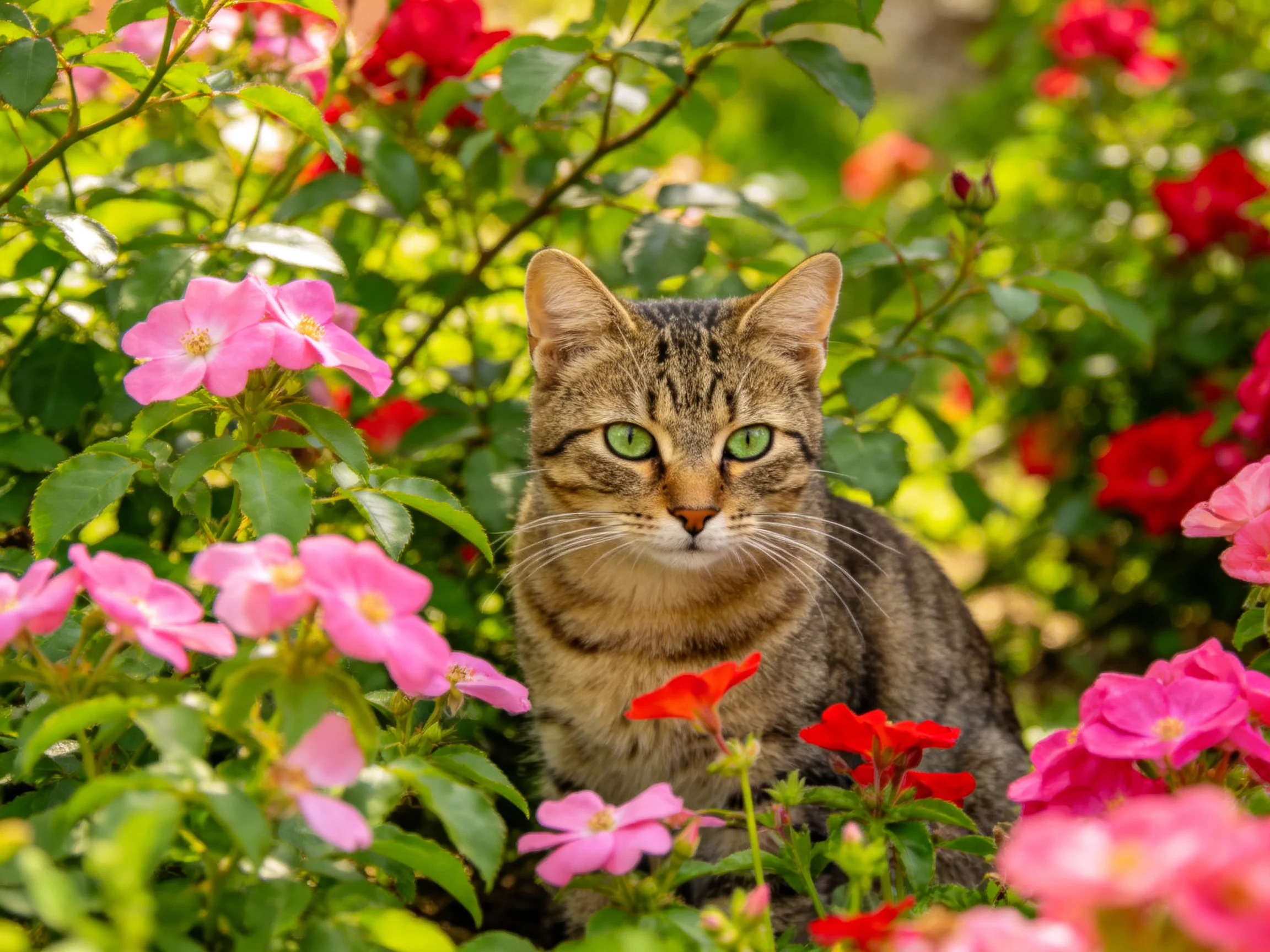 A tabby cat nestled among vibrant pink and red flowers in a sunlit garden
