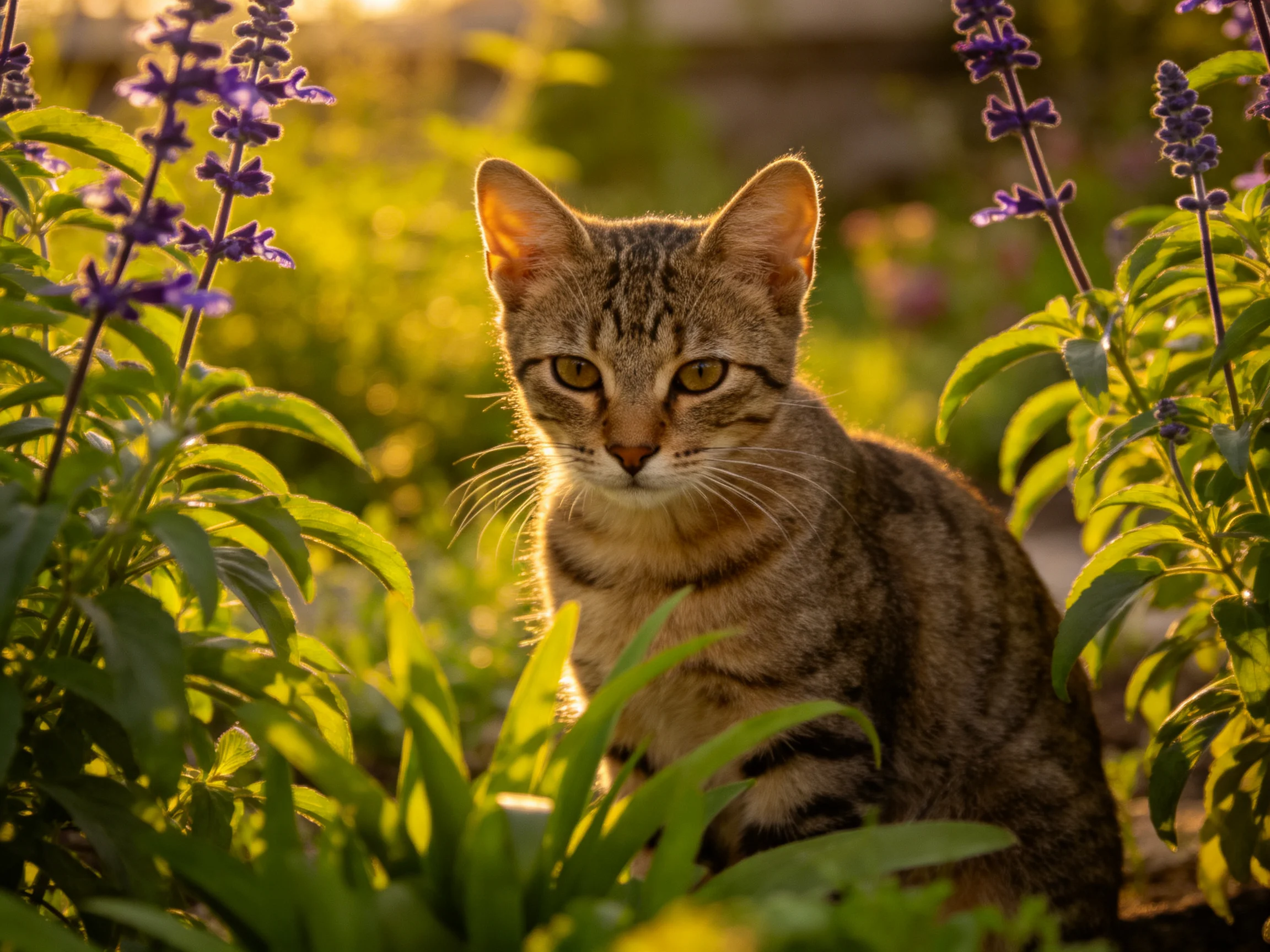 A tabby cat sits amid lush greenery and purple flowers in a sunlit outdoor area.