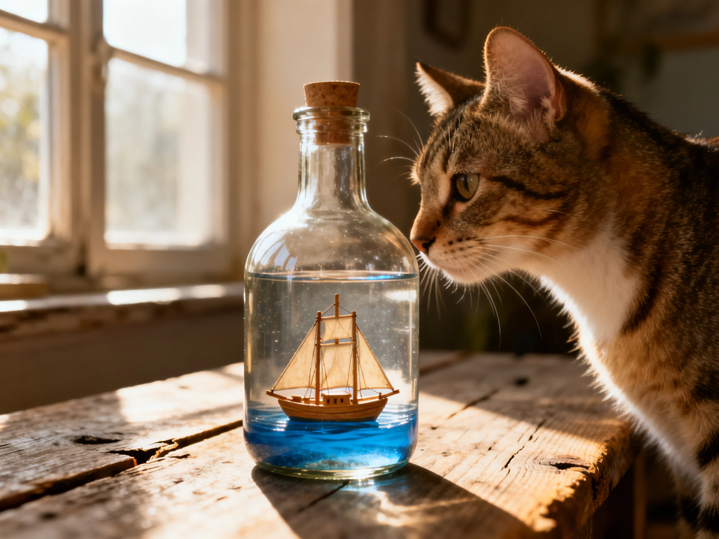 A tabby cat observes a glass bottle with a wooden sailboat model