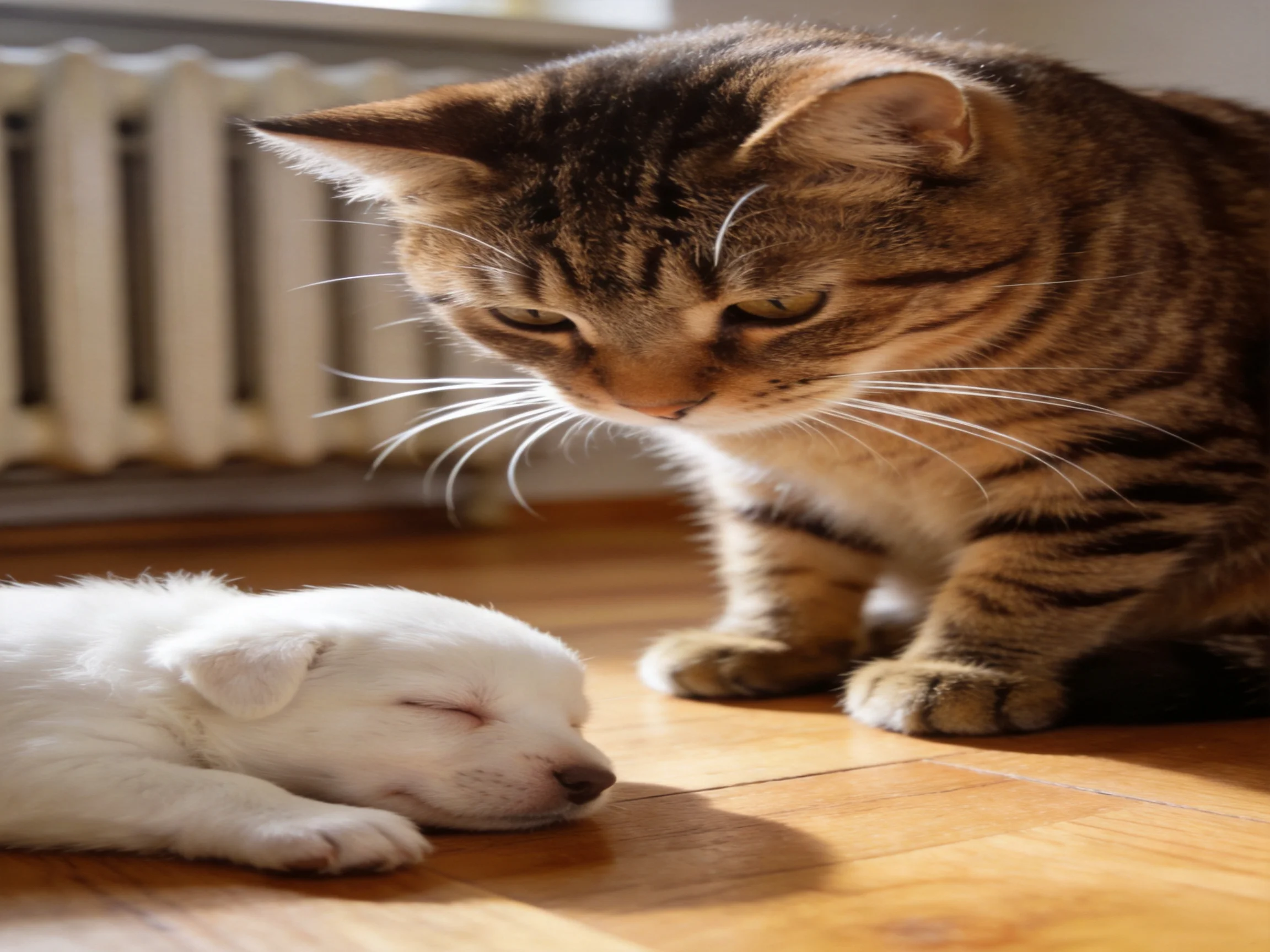 A tabby cat observes a sleeping white puppy on a wooden floor
