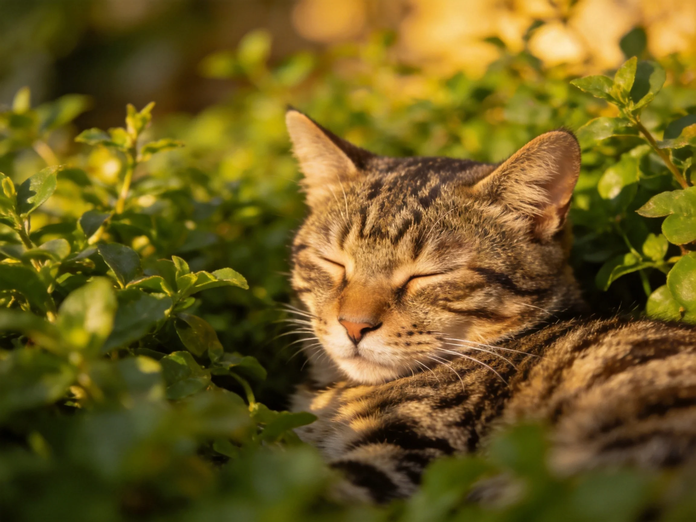 A tabby cat peacefully naps amid lush green foliage under warm sunlight