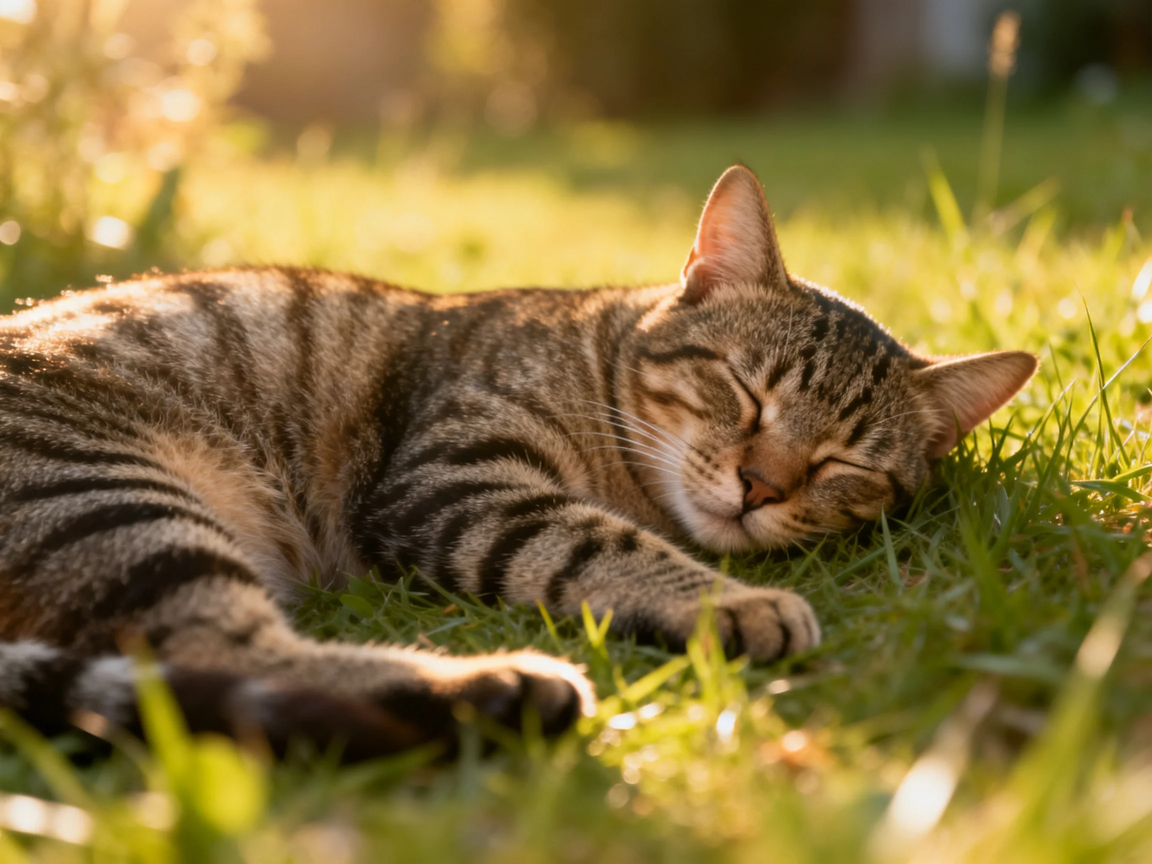 A tabby cat peacefully resting on sun-dappled green grass