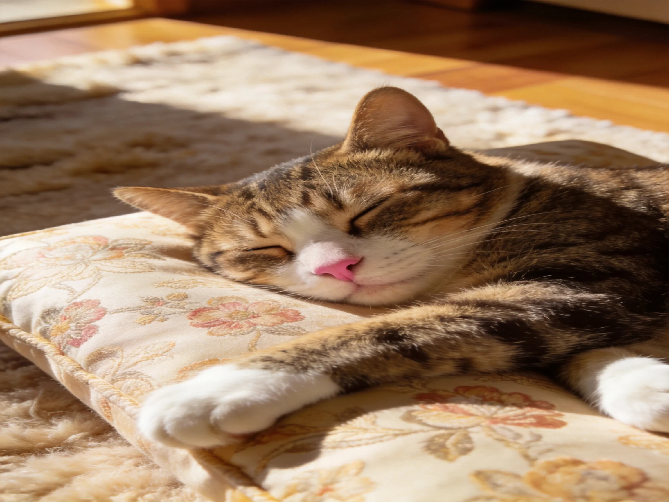A tabby cat peacefully sleeps on a floral cushion in sunlight