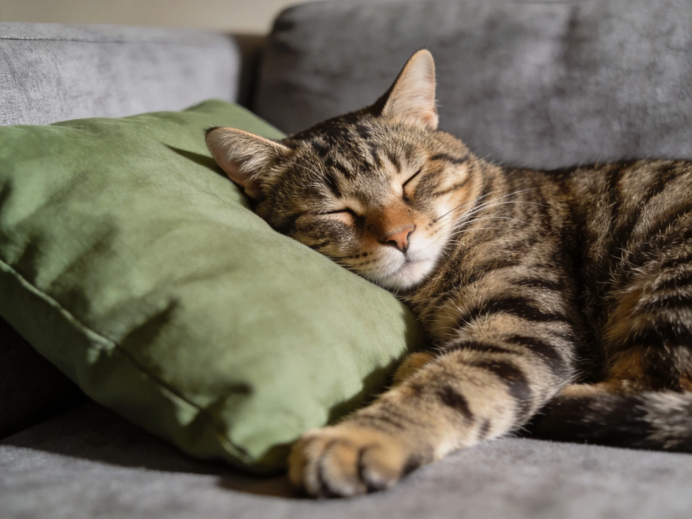 A tabby cat peacefully sleeps on a green pillow on a gray couch