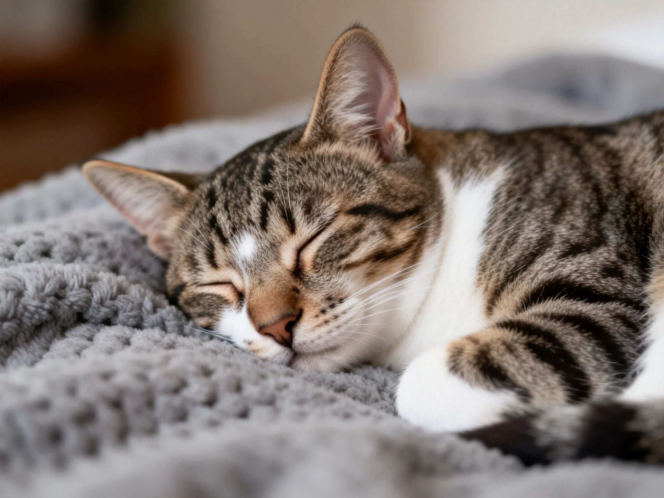 A tabby cat peacefully sleeps on a soft gray blanket