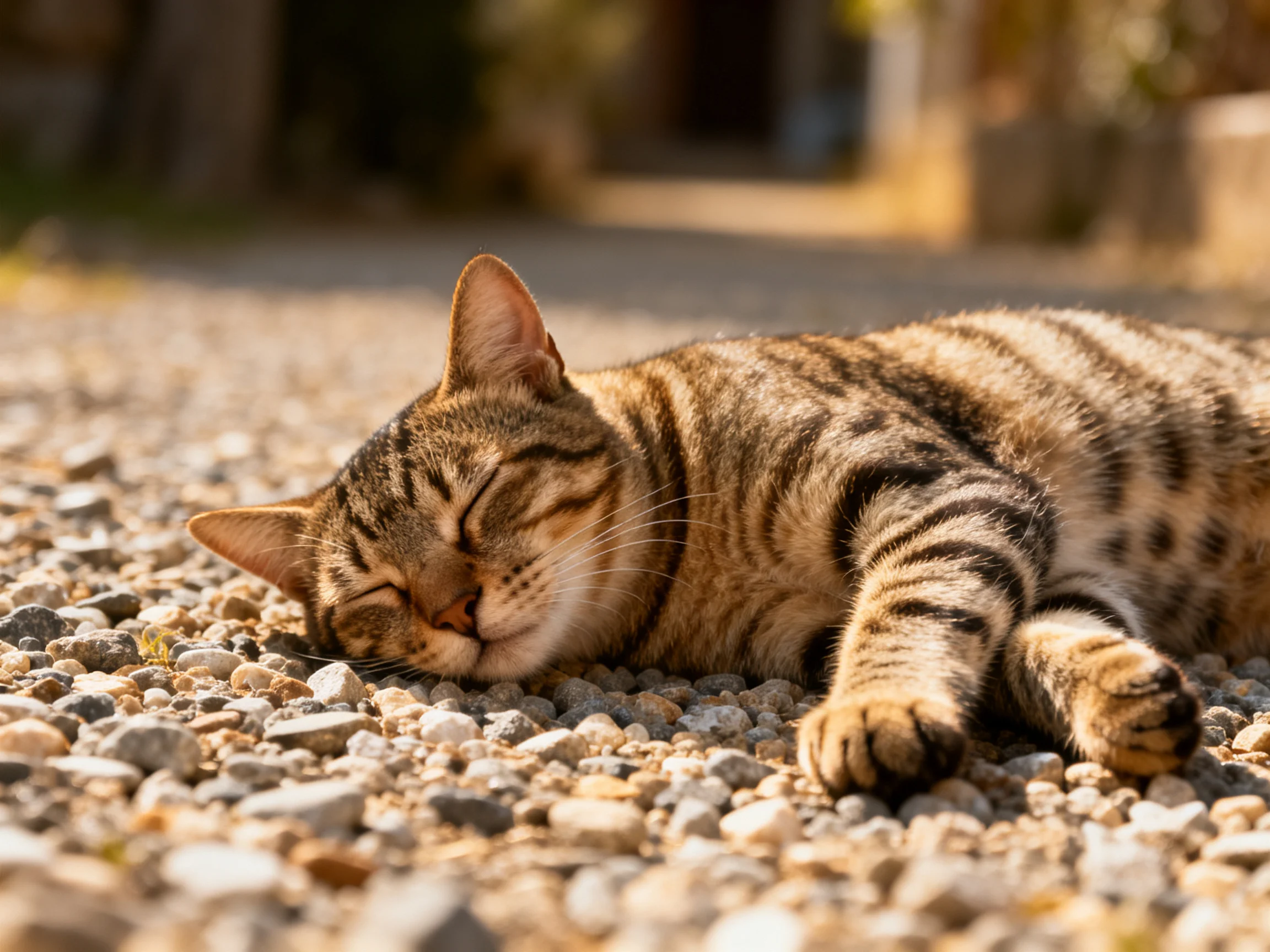 A tabby cat peacefully sleeps on smooth pebbles in bright sunlight