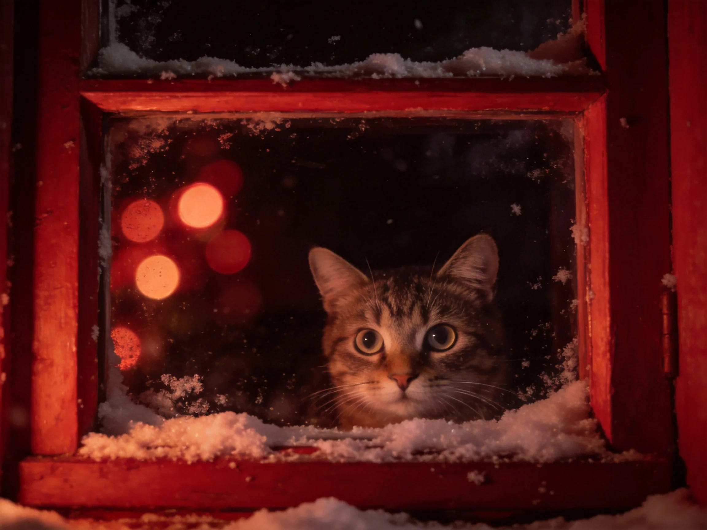 A tabby cat gazes out from a snow-covered wooden window with warm, blurred exterior lights.