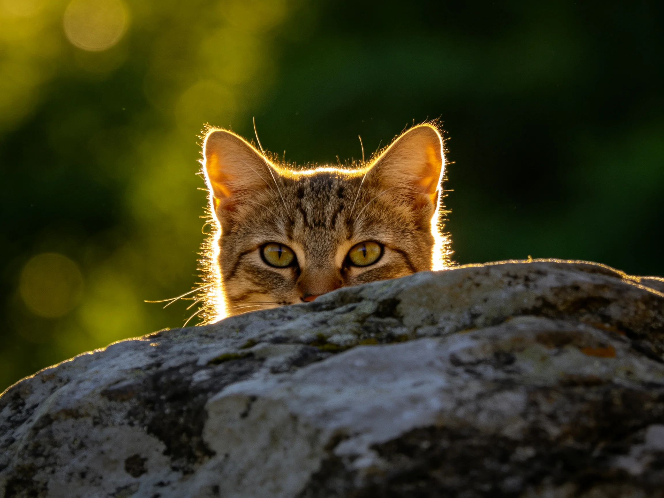 A tabby cat peeks from behind a weathered gray rock with golden backlighting