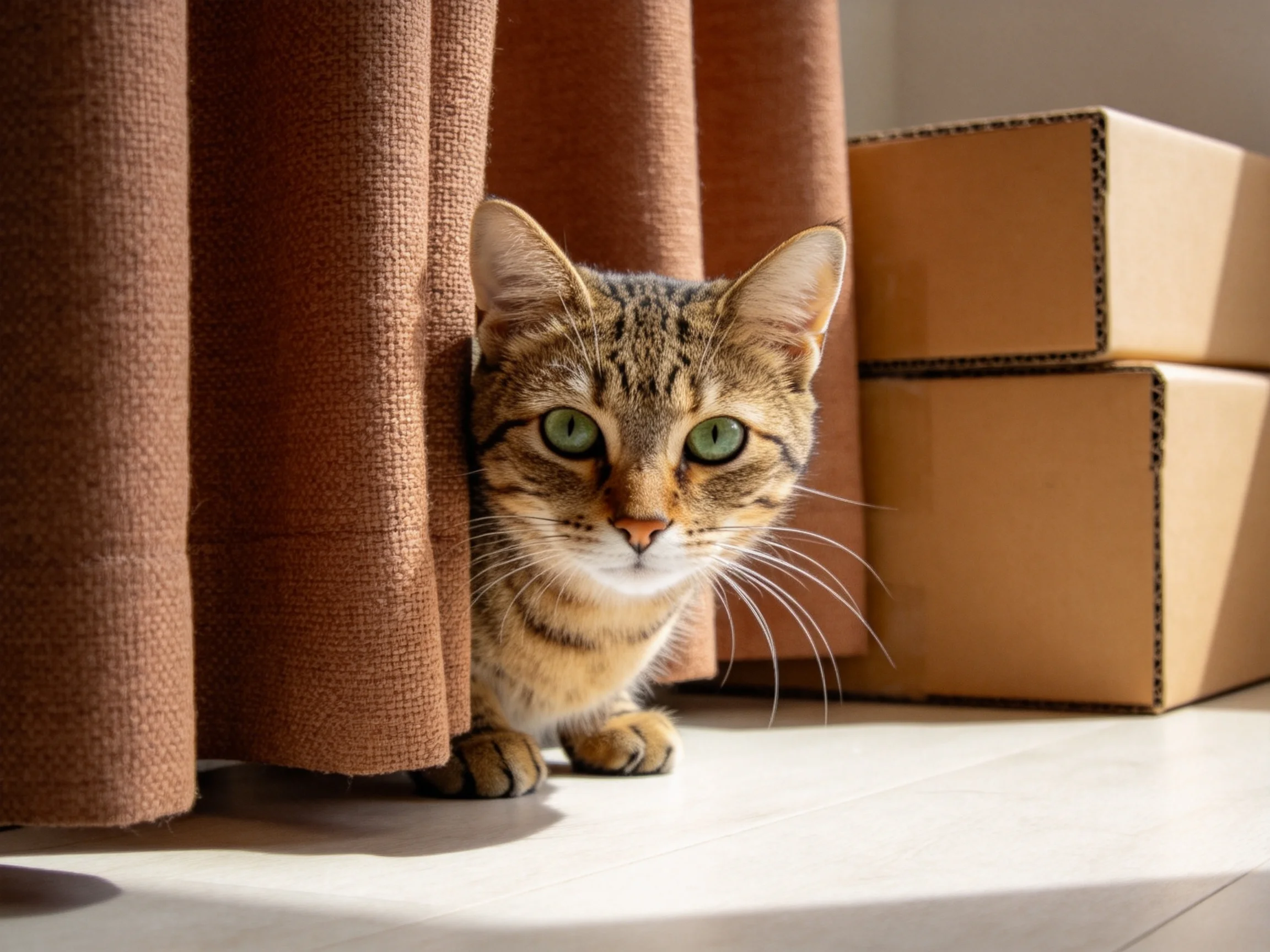 A tabby cat peeks from behind curtains beside stacked cardboard boxes.