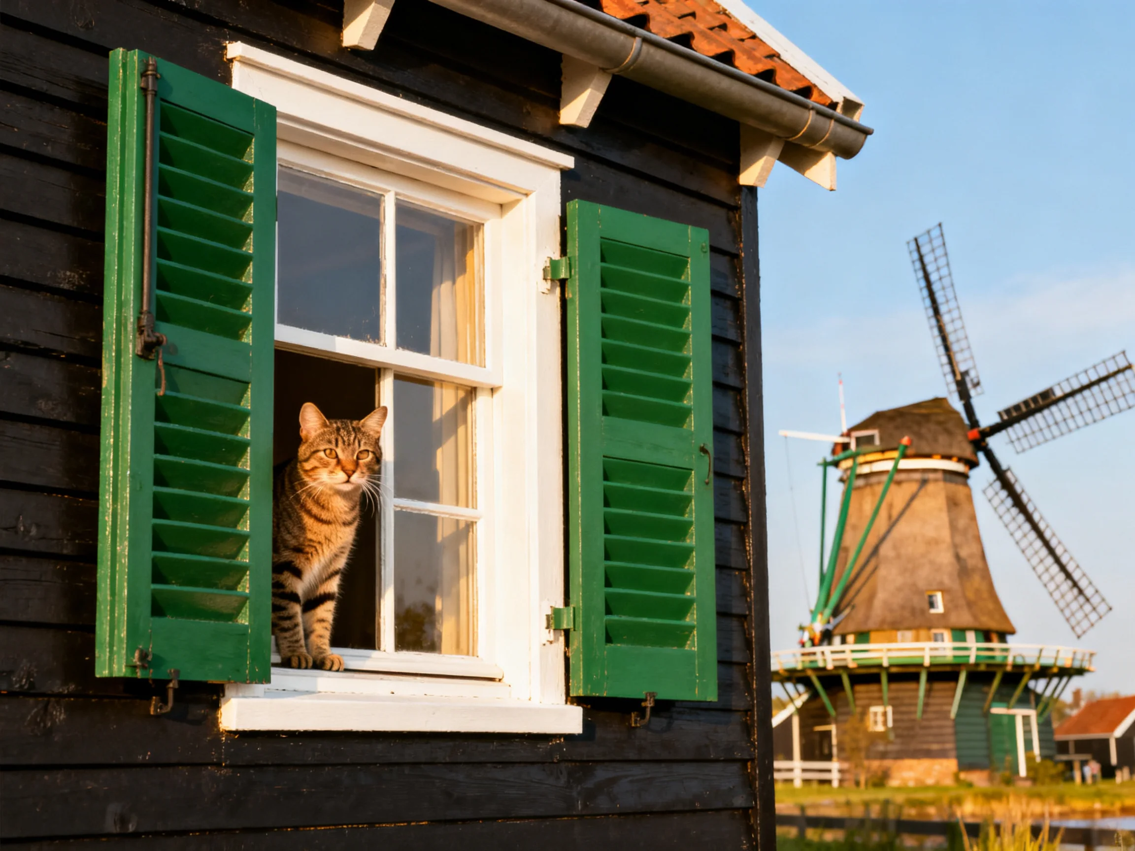 A tabby cat peers from a window with green shutters near a traditional windmill