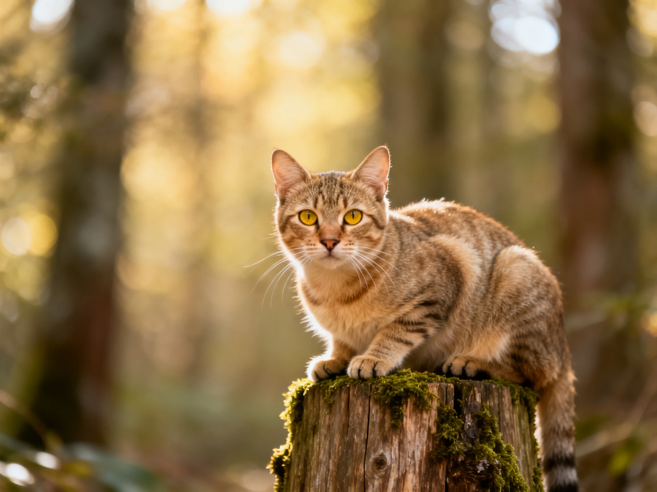 A tabby cat sits atop a mossy tree stump in a sunlit forest.