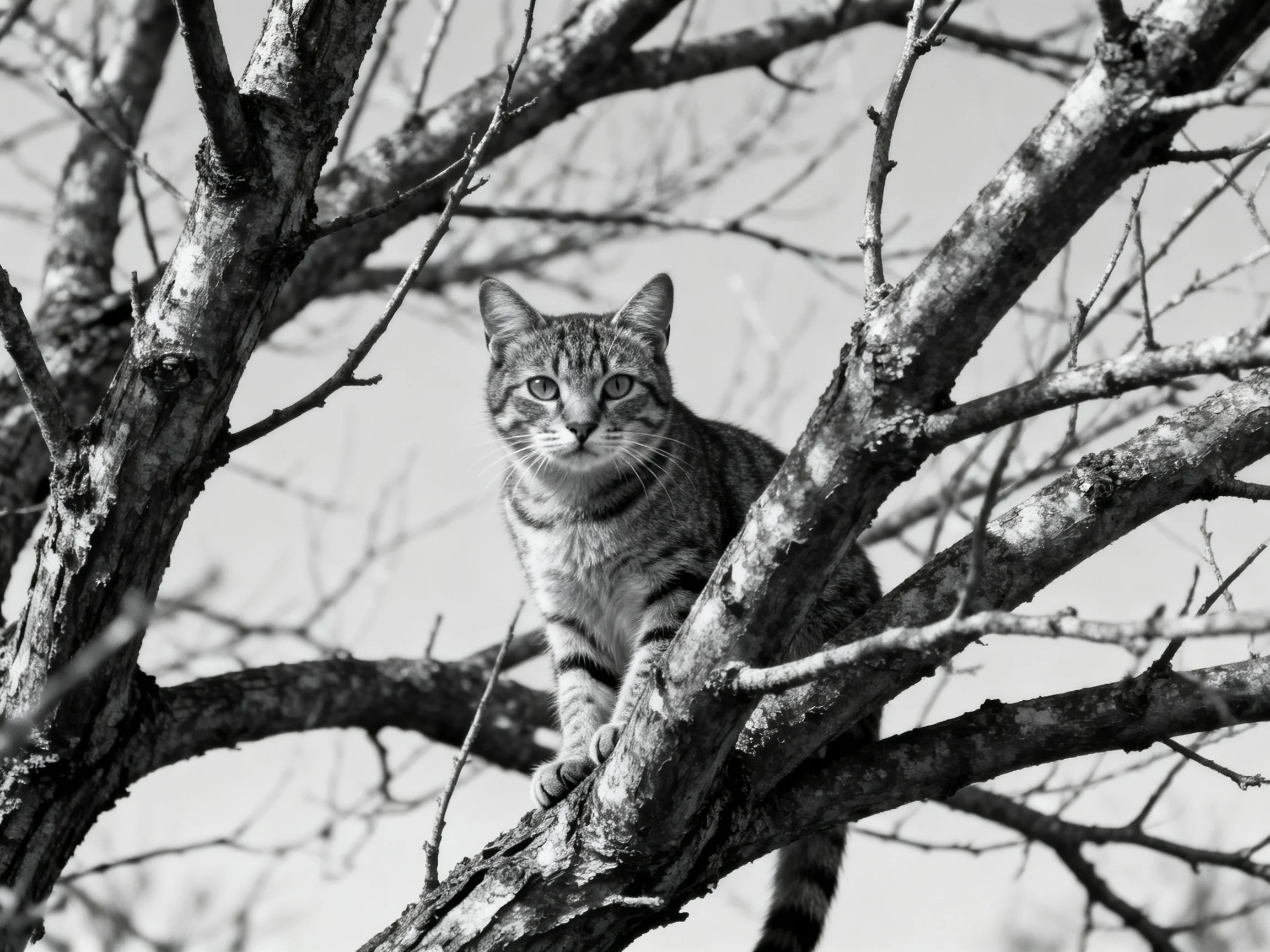 A tabby cat perched on gnarled, monochrome tree branches
