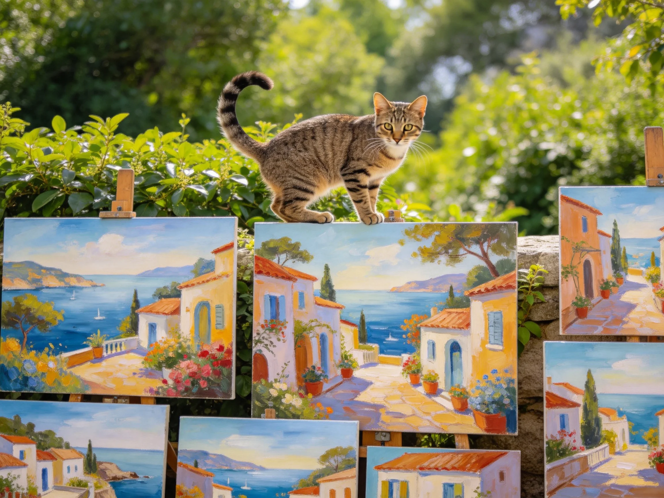 A tabby cat perches on colorful seaside village paintings outdoors