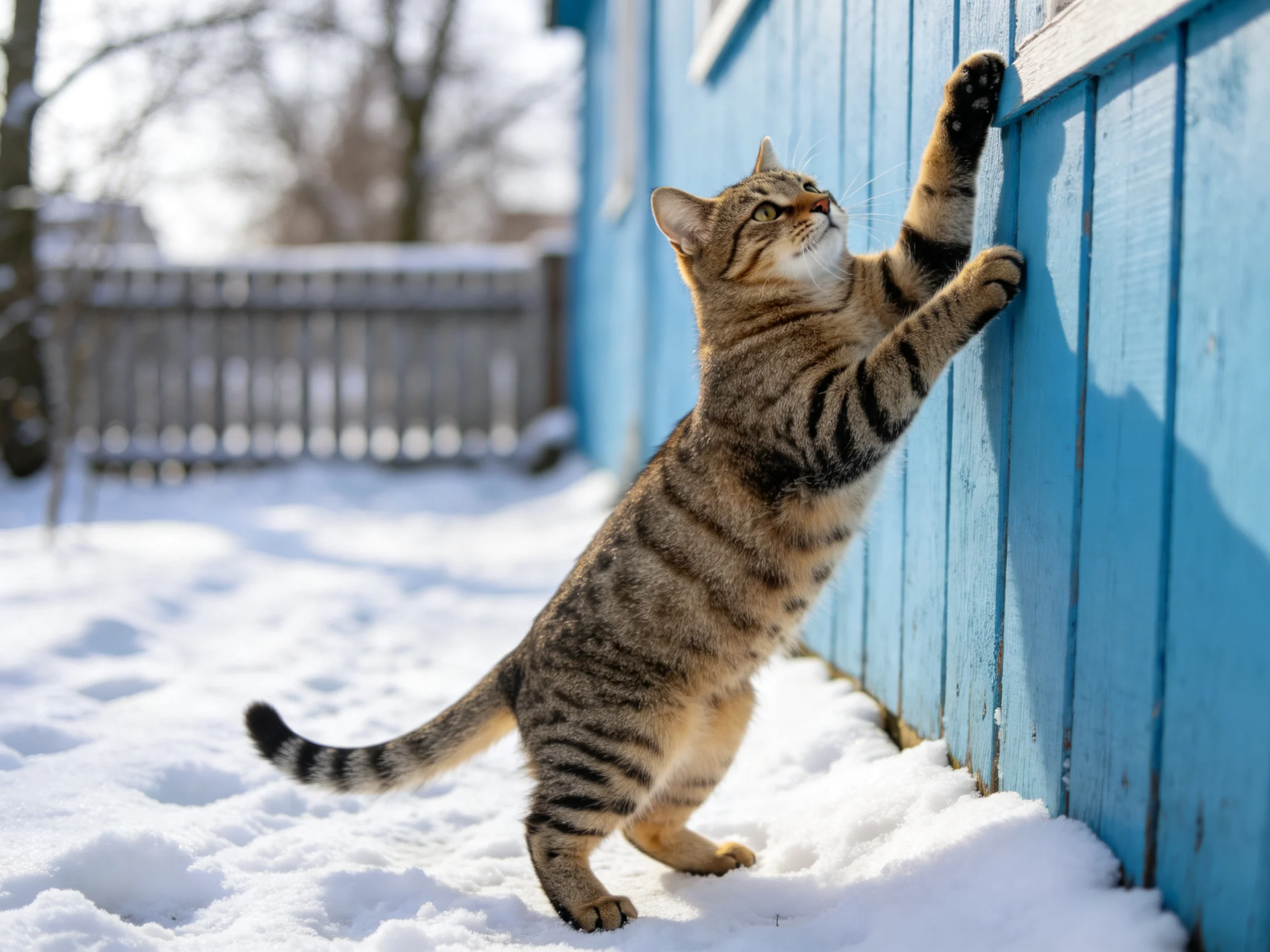 A tabby cat reaches for a bright blue wooden structure in the snow