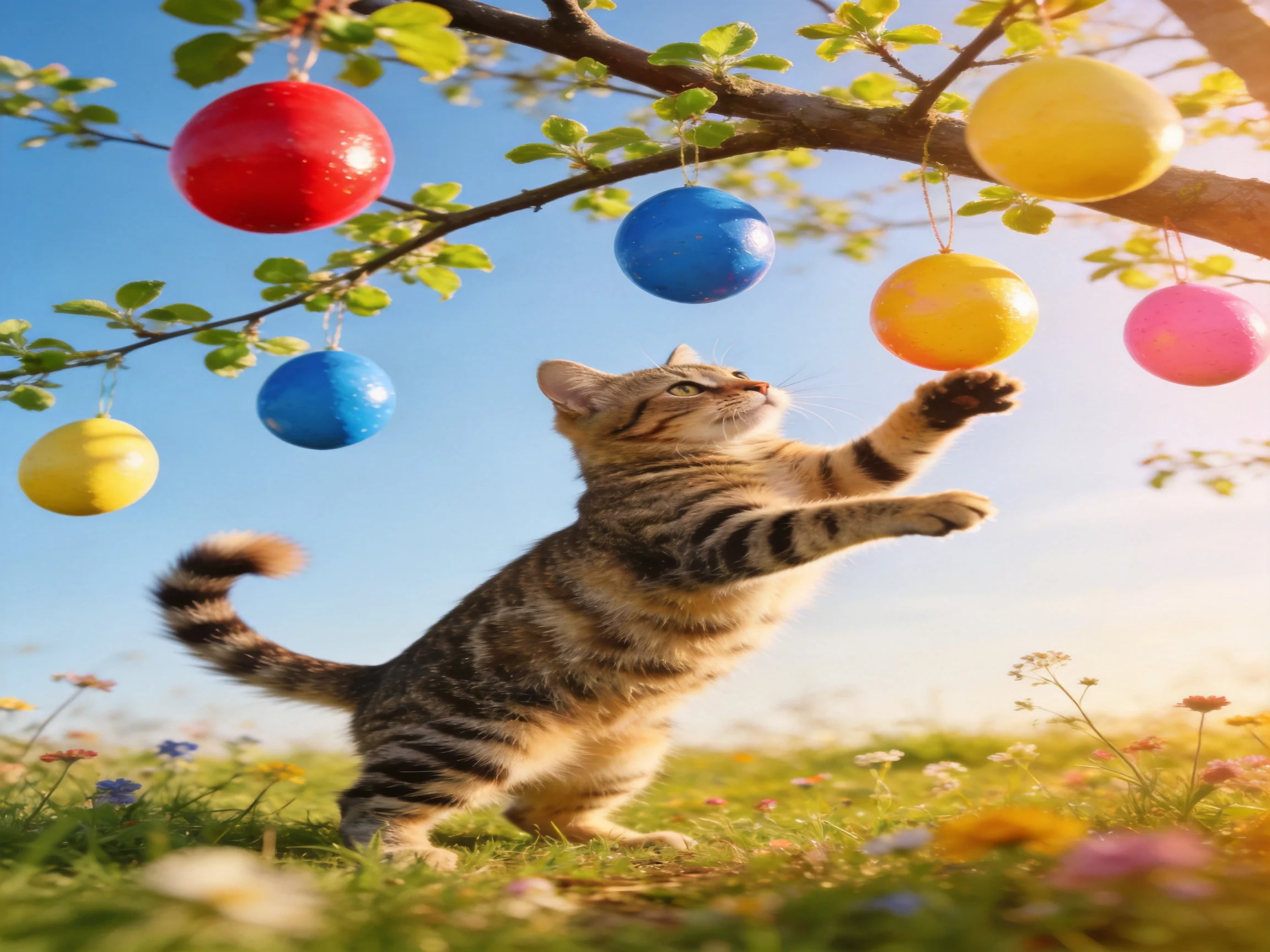 A tabby cat reaches for colorful Easter eggs hanging from a tree branch