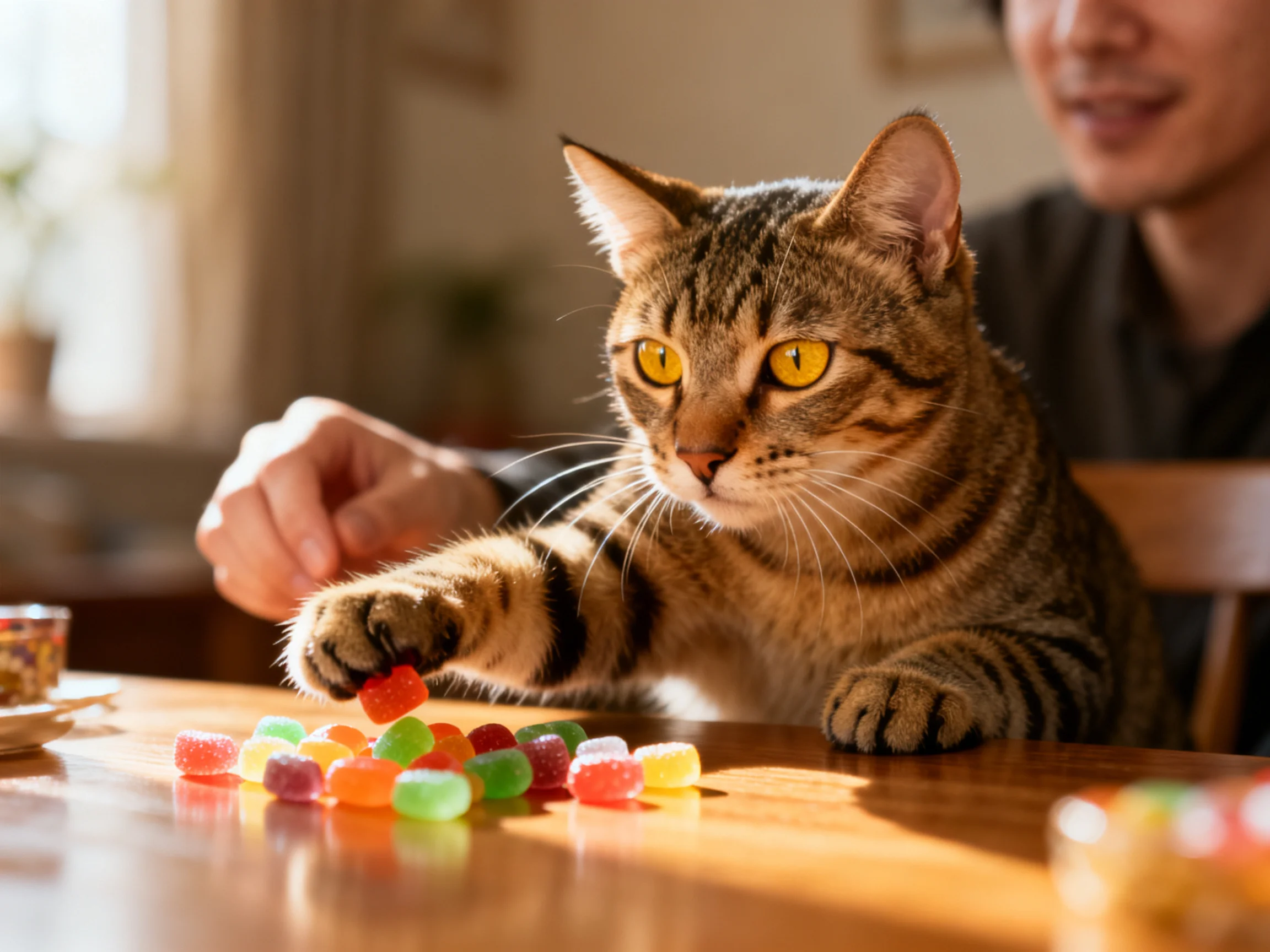 A tabby cat reaches for vibrant gummies near a person at a wooden table