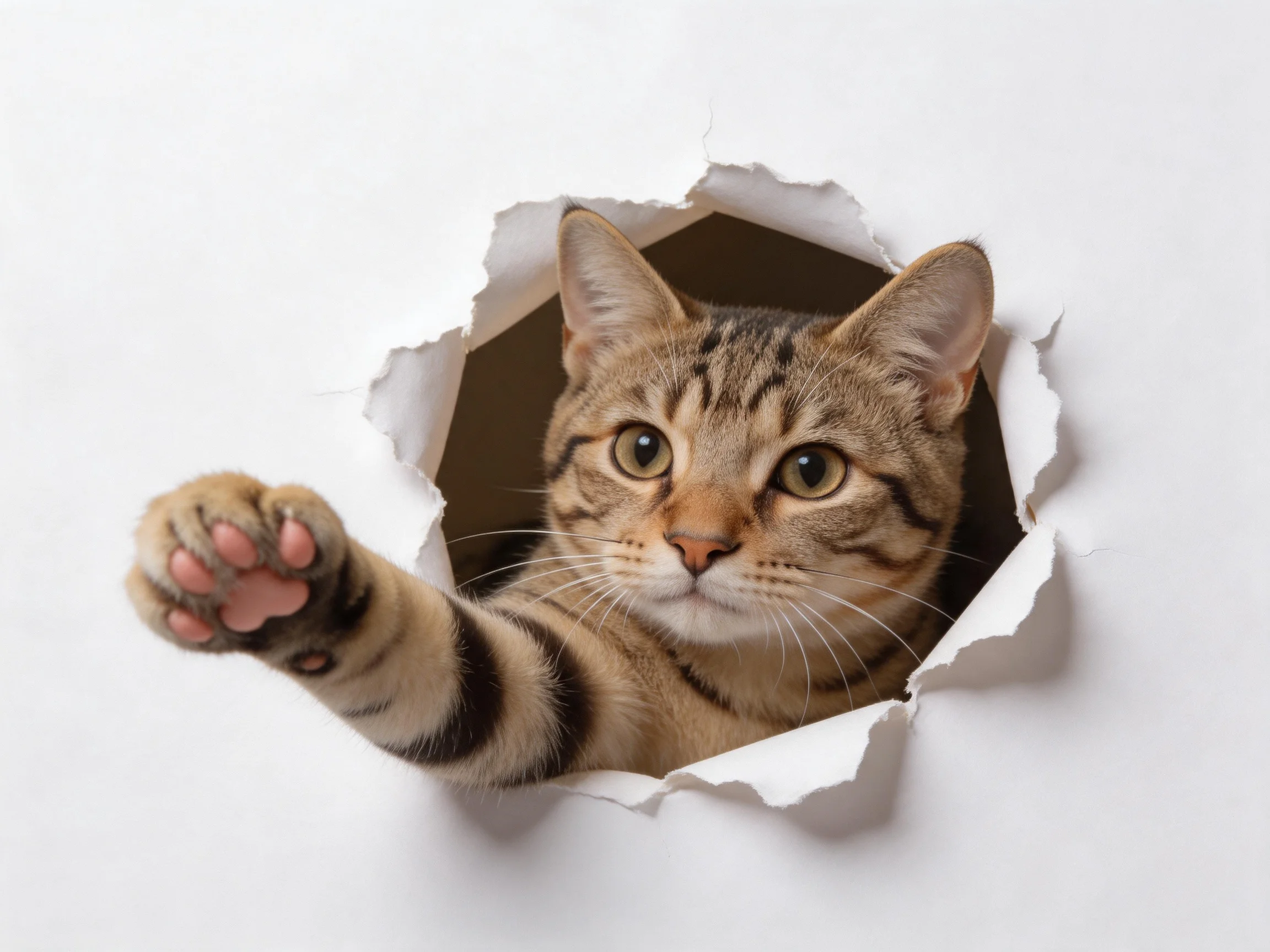 A tabby cat reaching through a torn white paper hole