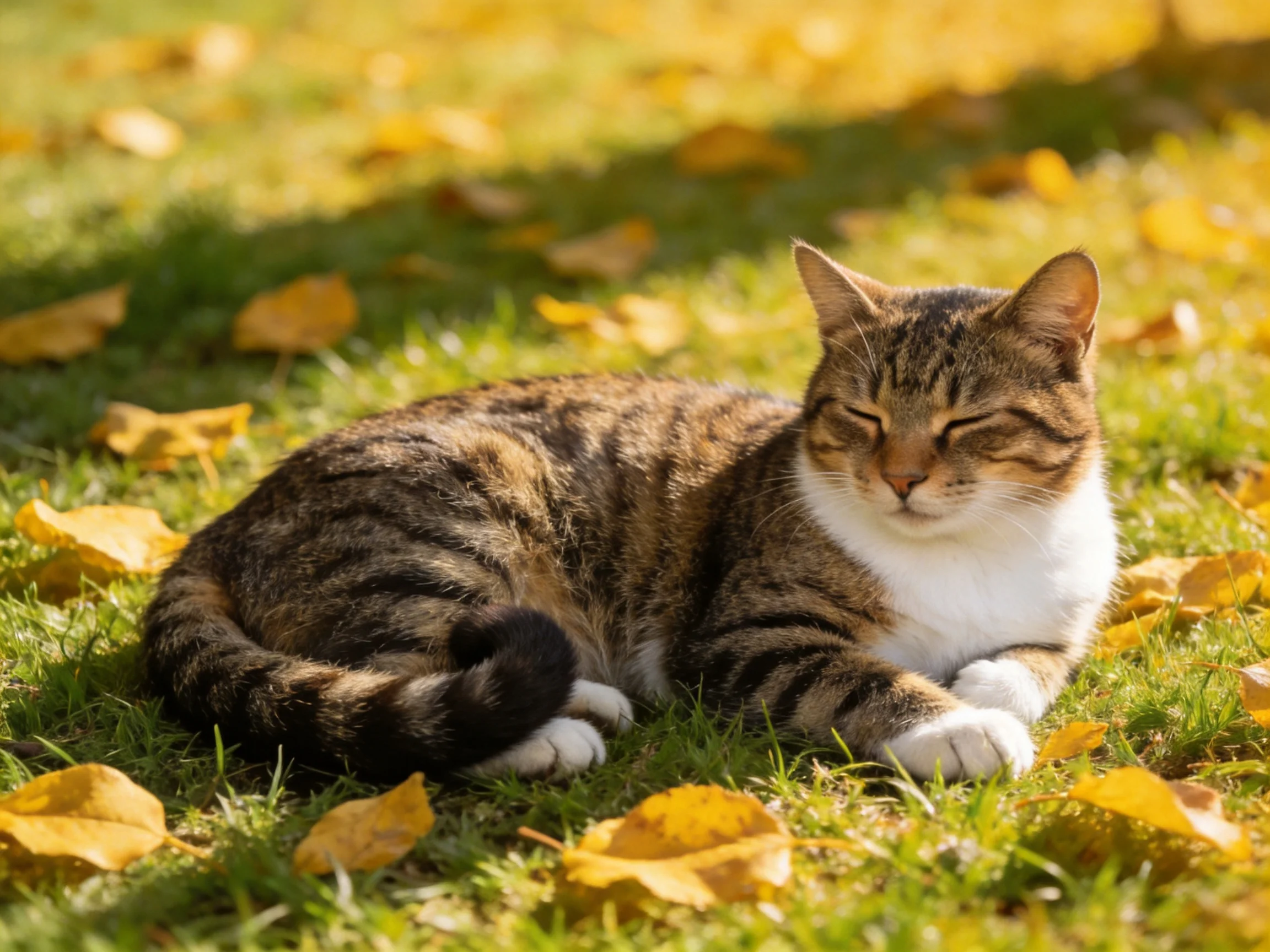 A tabby cat rests on green grass surrounded by golden leaves.
