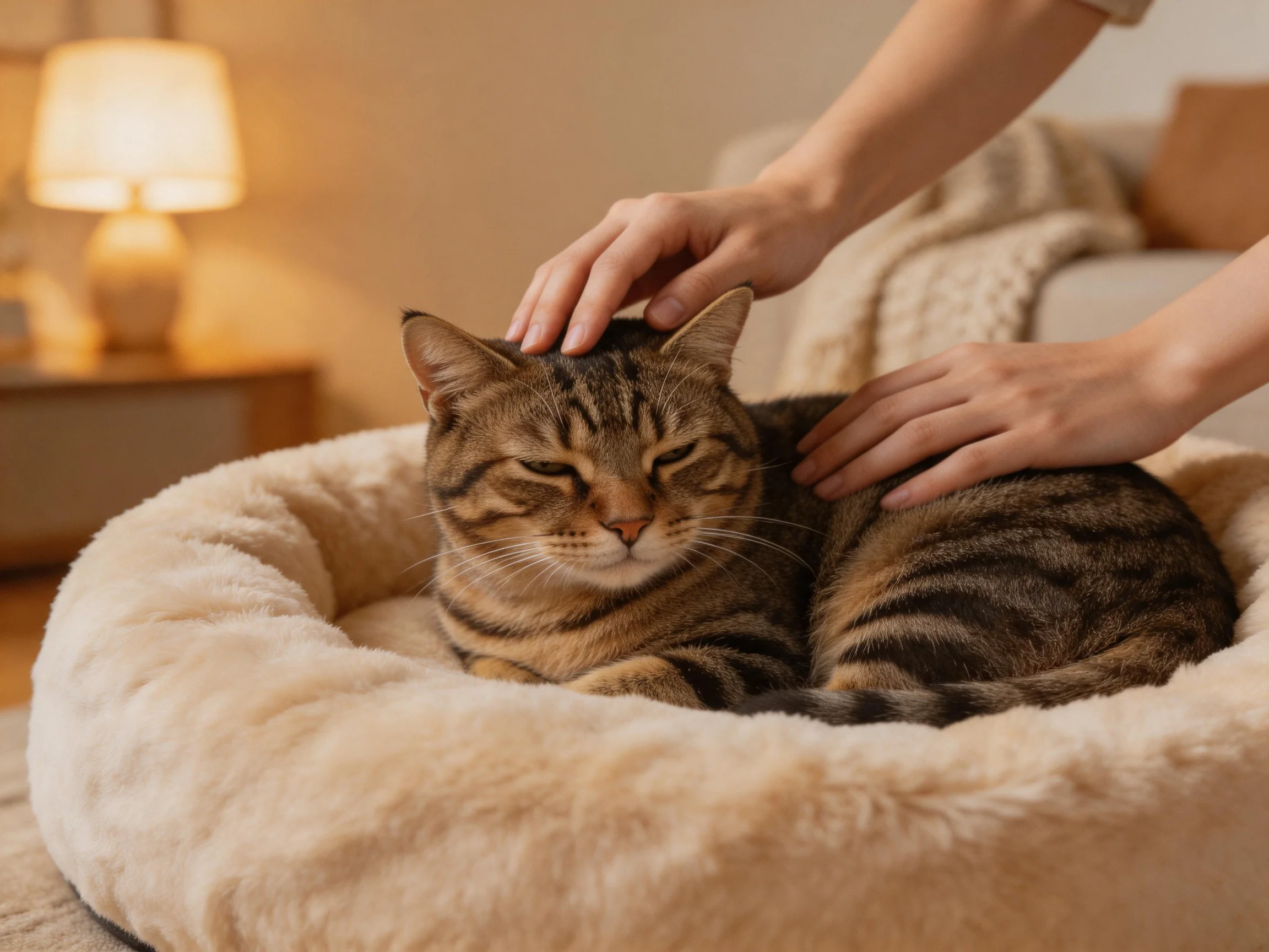 A tabby cat relaxes in a plush bed with hands gently petting