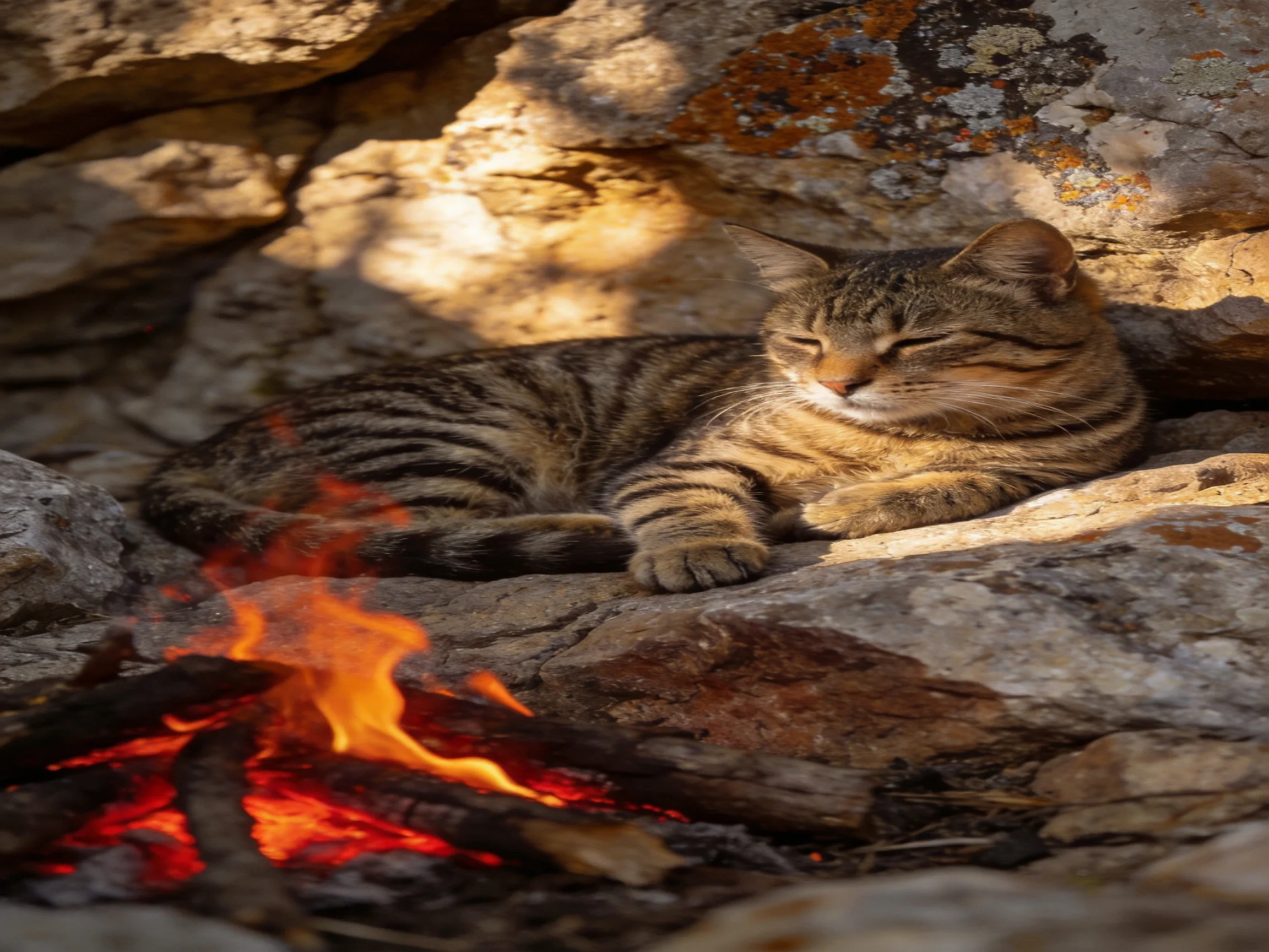 A tabby cat relaxes near burning embers among rugged stone formations