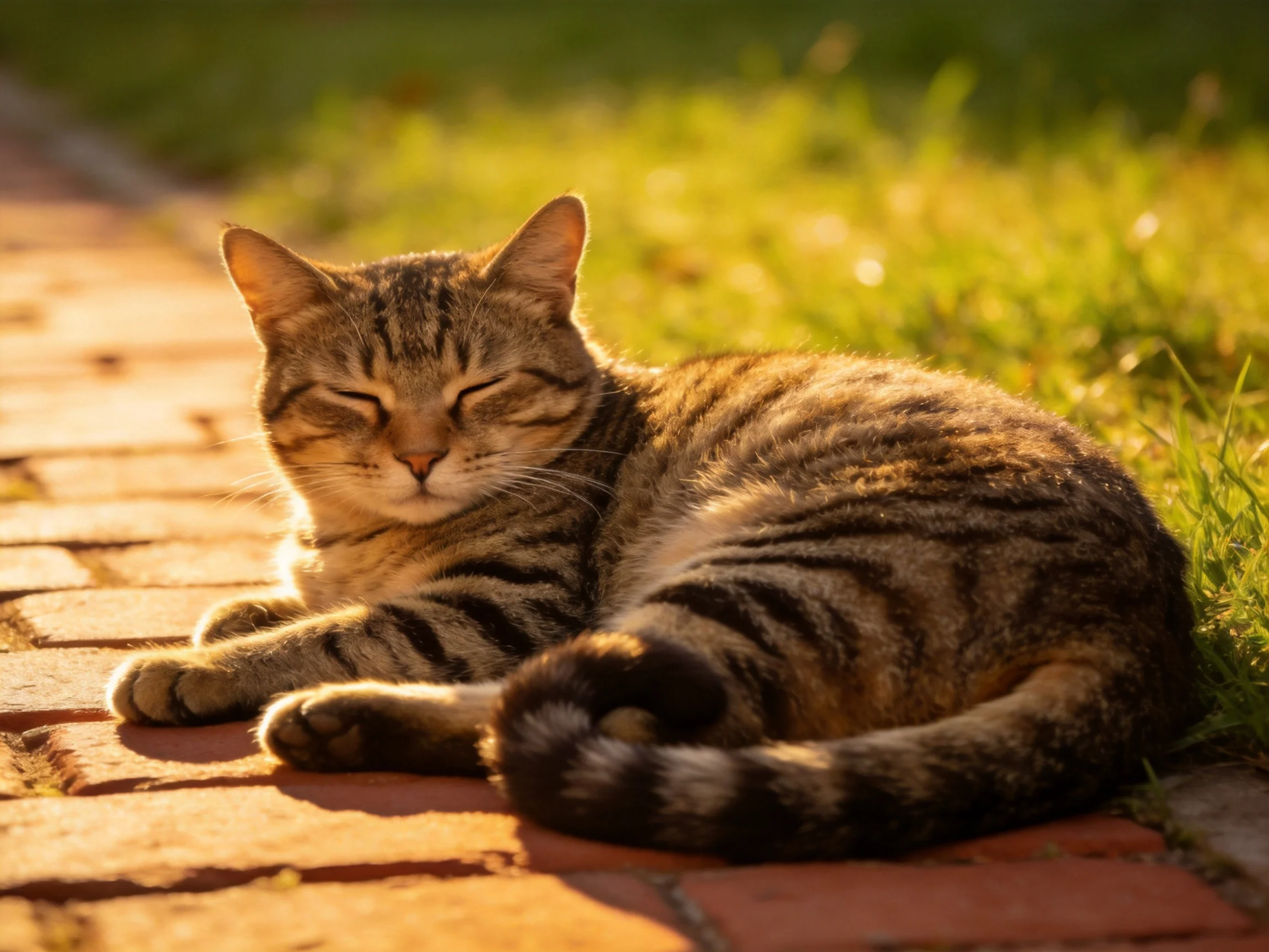 A tabby cat rests peacefully on a brick path next to grass in sunlight.
