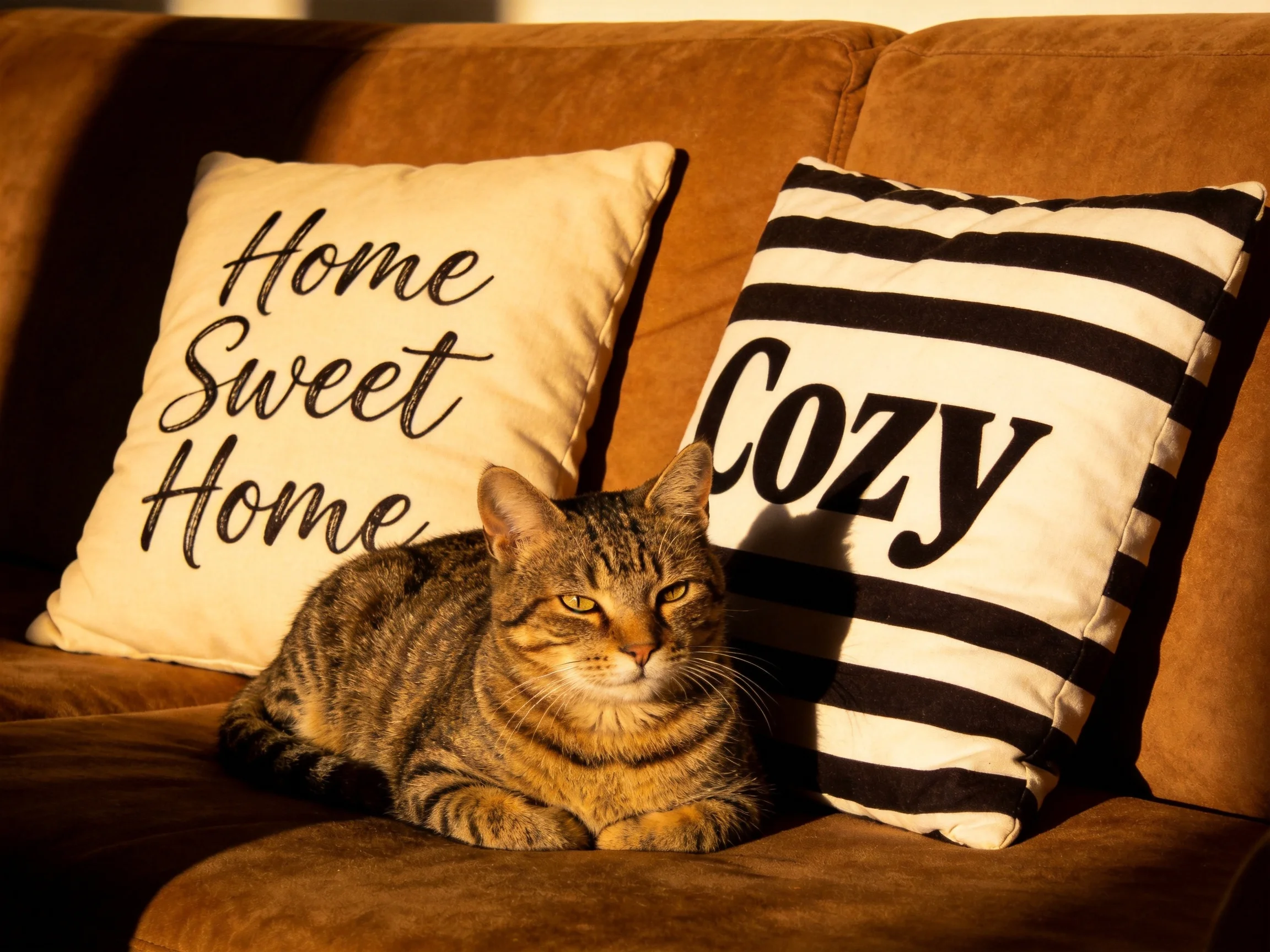 A tabby cat relaxes on a brown sofa near Home Sweet Home and Cozy pillows
