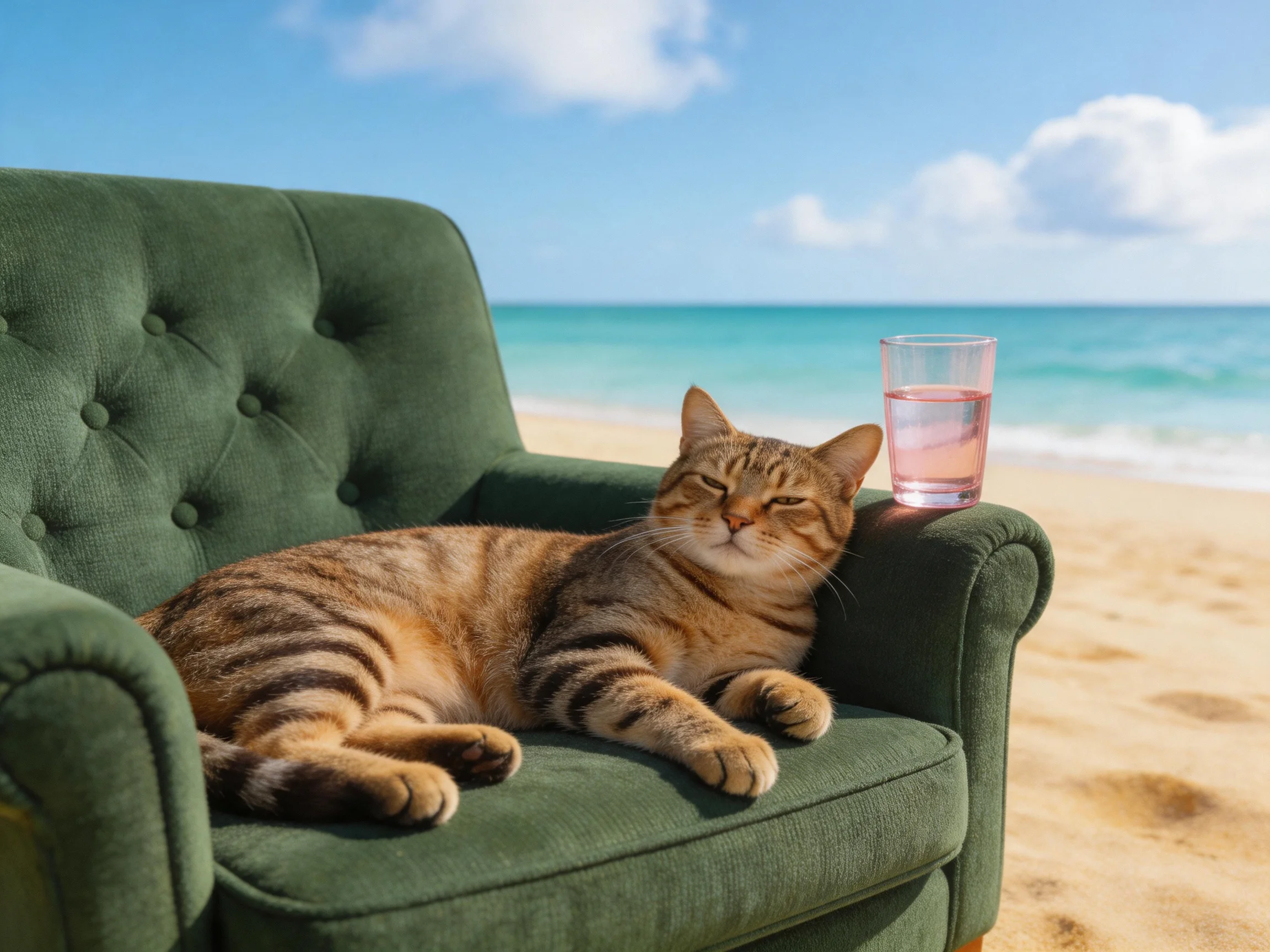 A tabby cat relaxes on a green armchair by the beach