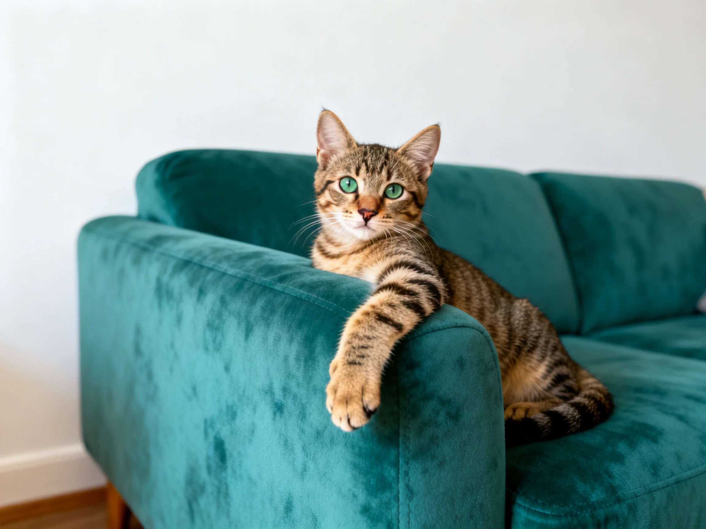 A tabby cat relaxes on a plush teal sofa with an extended paw