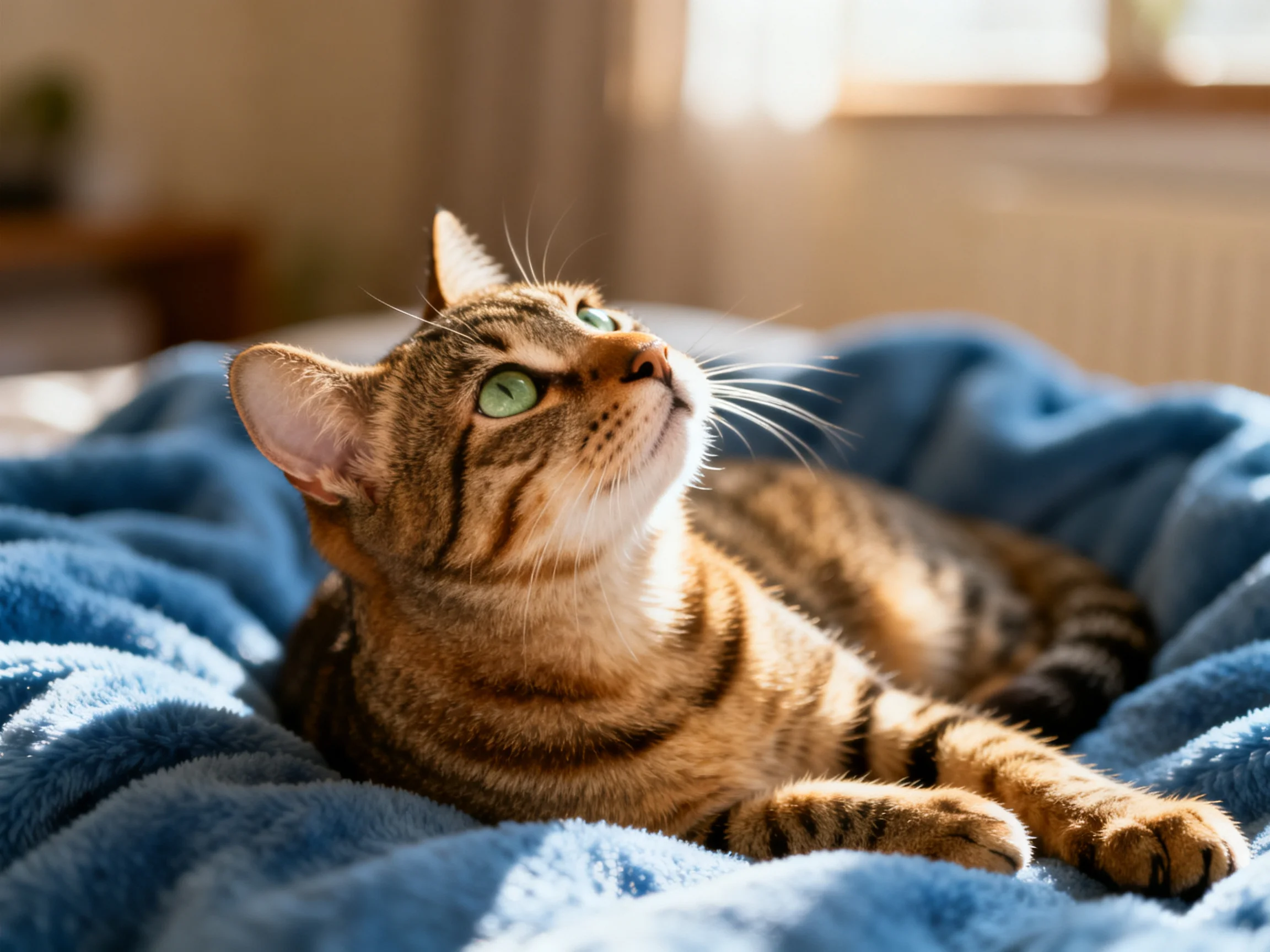 A tabby cat rests comfortably on a blue blanket in a sunlit indoor setting.